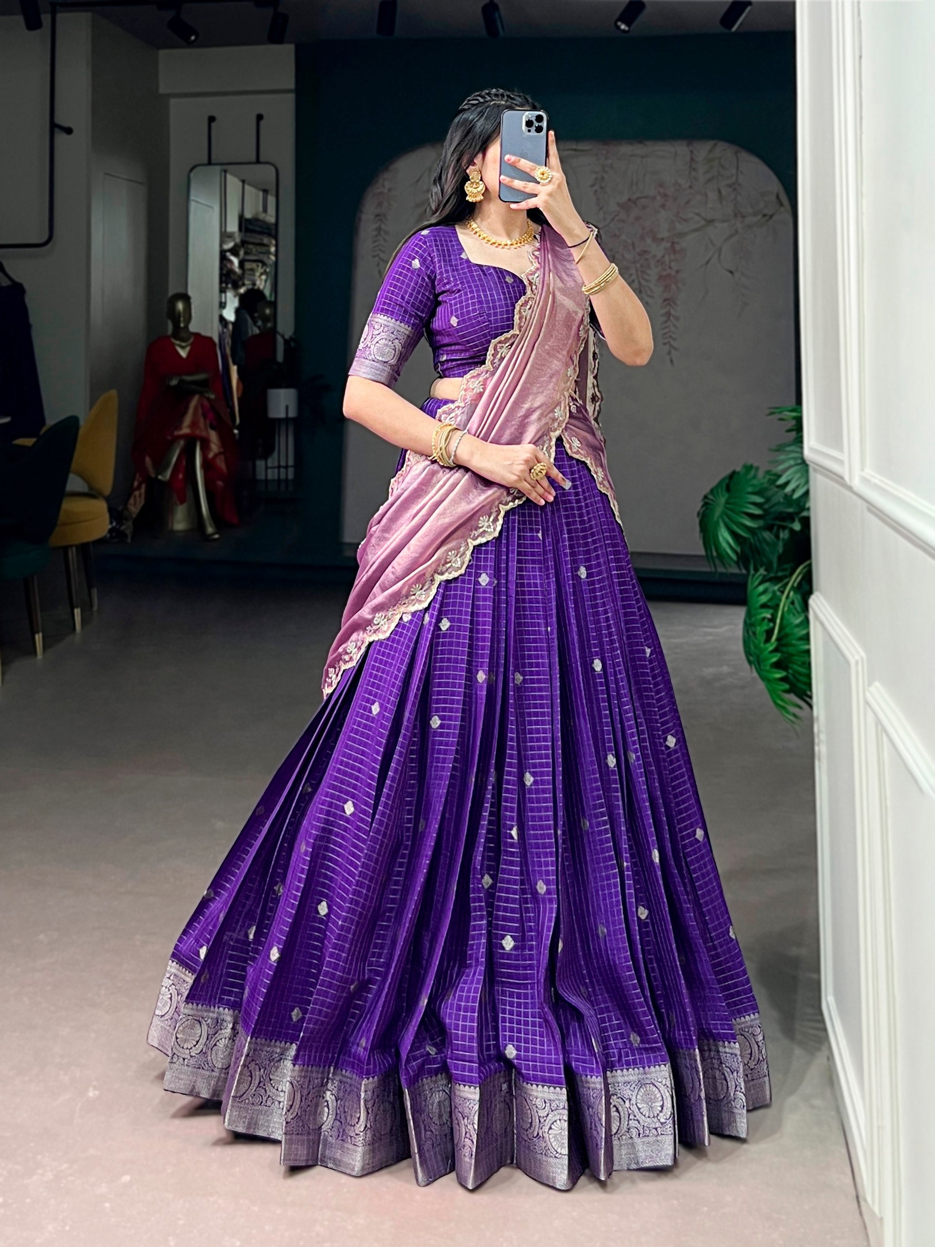 Purple Pure Chinon Silk Elegant Zari Weaving Work South Indian Lehenga Choli