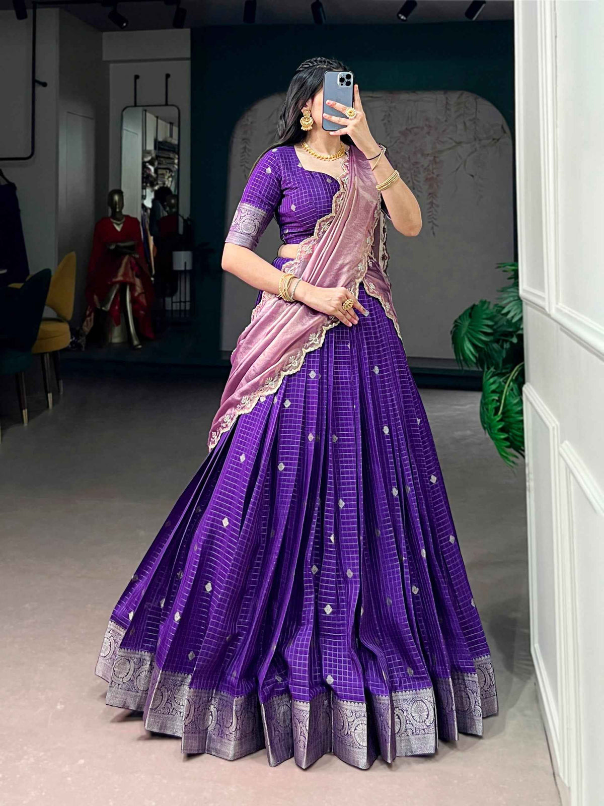Purple Pure Chinon Silk Elegant Zari Weaving Work South Indian Lehenga Choli