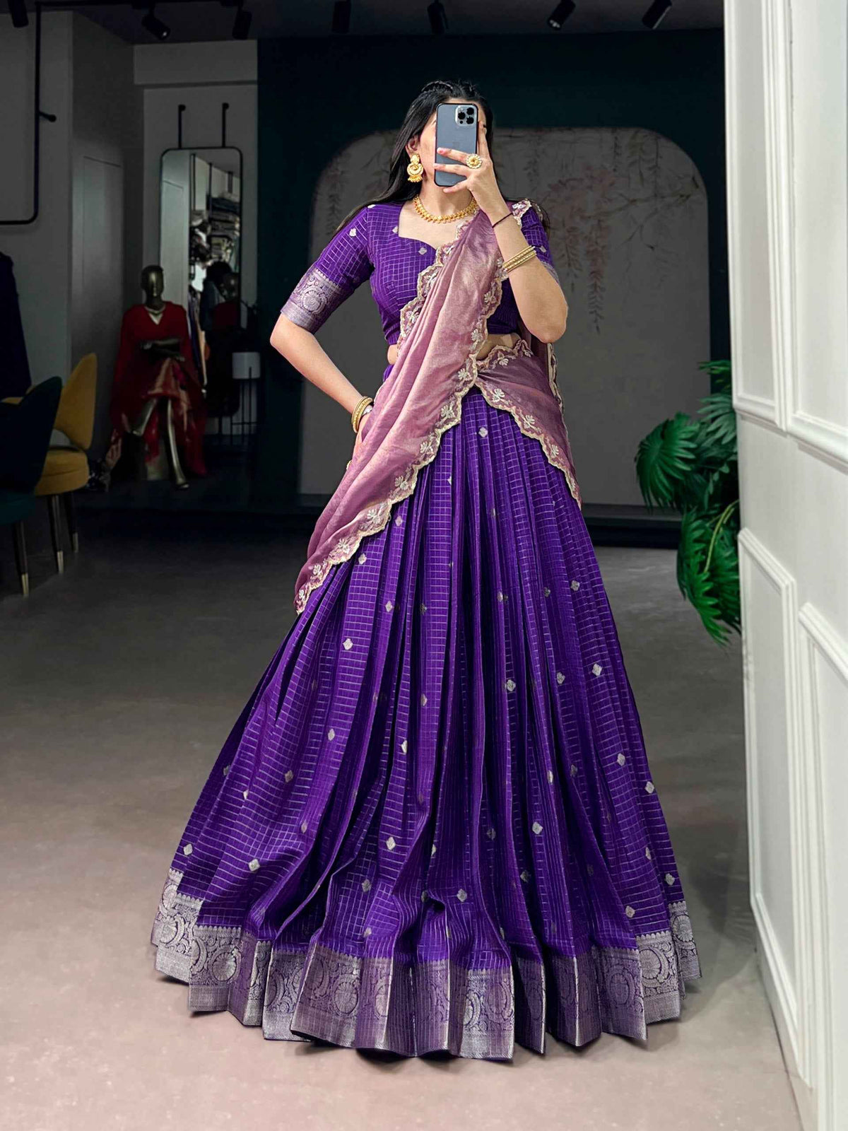 Purple Pure Chinon Silk Elegant Zari Weaving Work South Indian Lehenga Choli