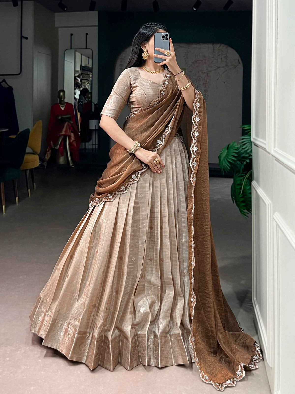 Cream Pure Chinon Silk Elegant Zari Weaving Work South Indian Lehenga Choli