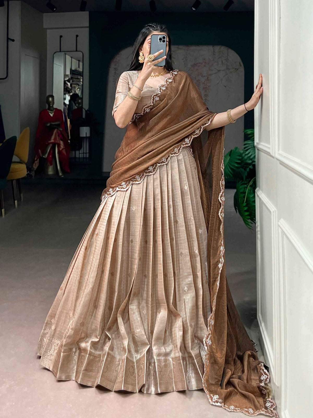 Cream Pure Chinon Silk Elegant Zari Weaving Work South Indian Lehenga Choli