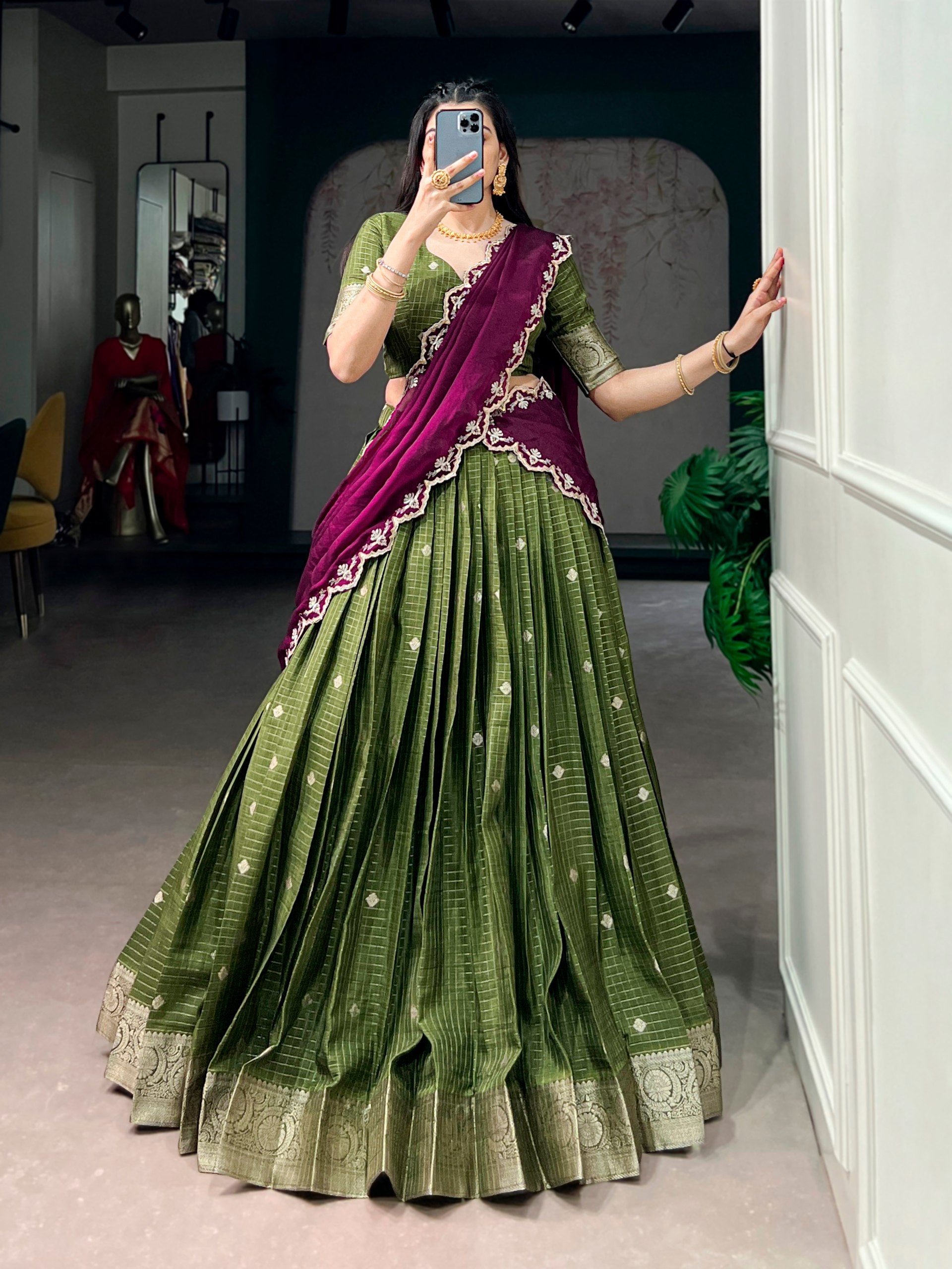 Mahendi Pure Chinon Silk Elegant Zari Weaving Work South Indian Lehenga Choli