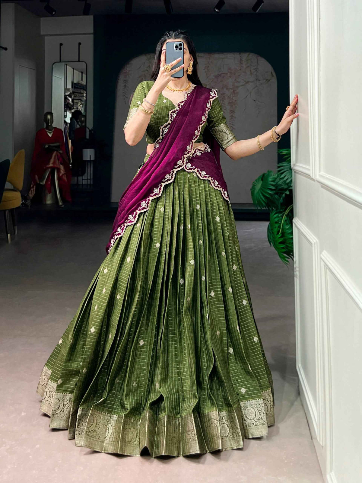 Mahendi Pure Chinon Silk Elegant Zari Weaving Work South Indian Lehenga Choli