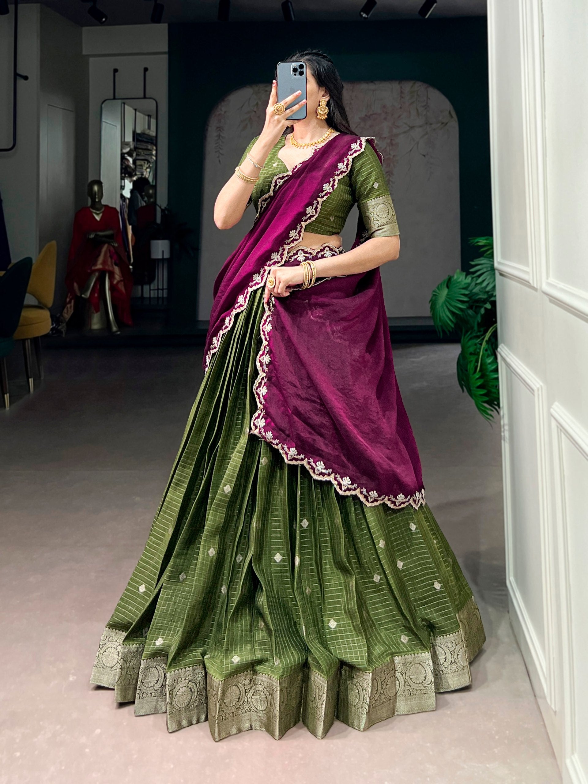 Mahendi Pure Chinon Silk Elegant Zari Weaving Work South Indian Lehenga Choli