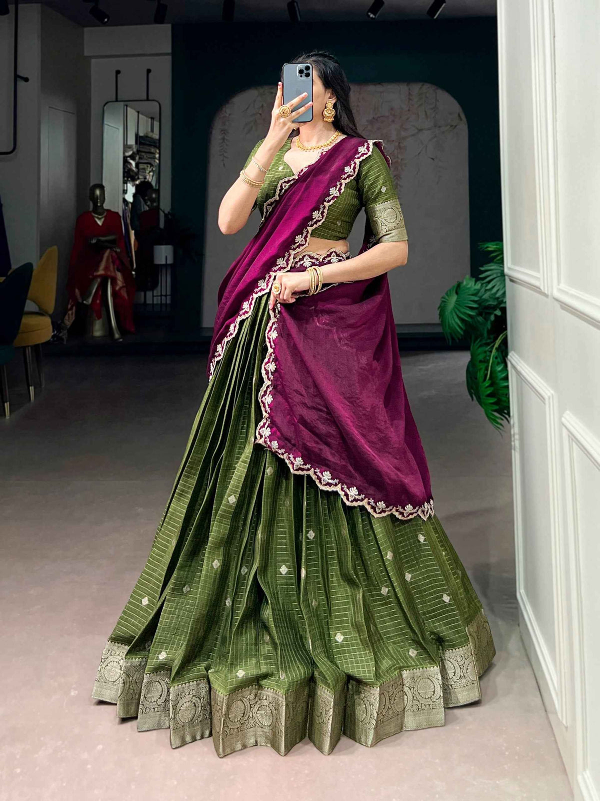 Mahendi Pure Chinon Silk Elegant Zari Weaving Work South Indian Lehenga Choli
