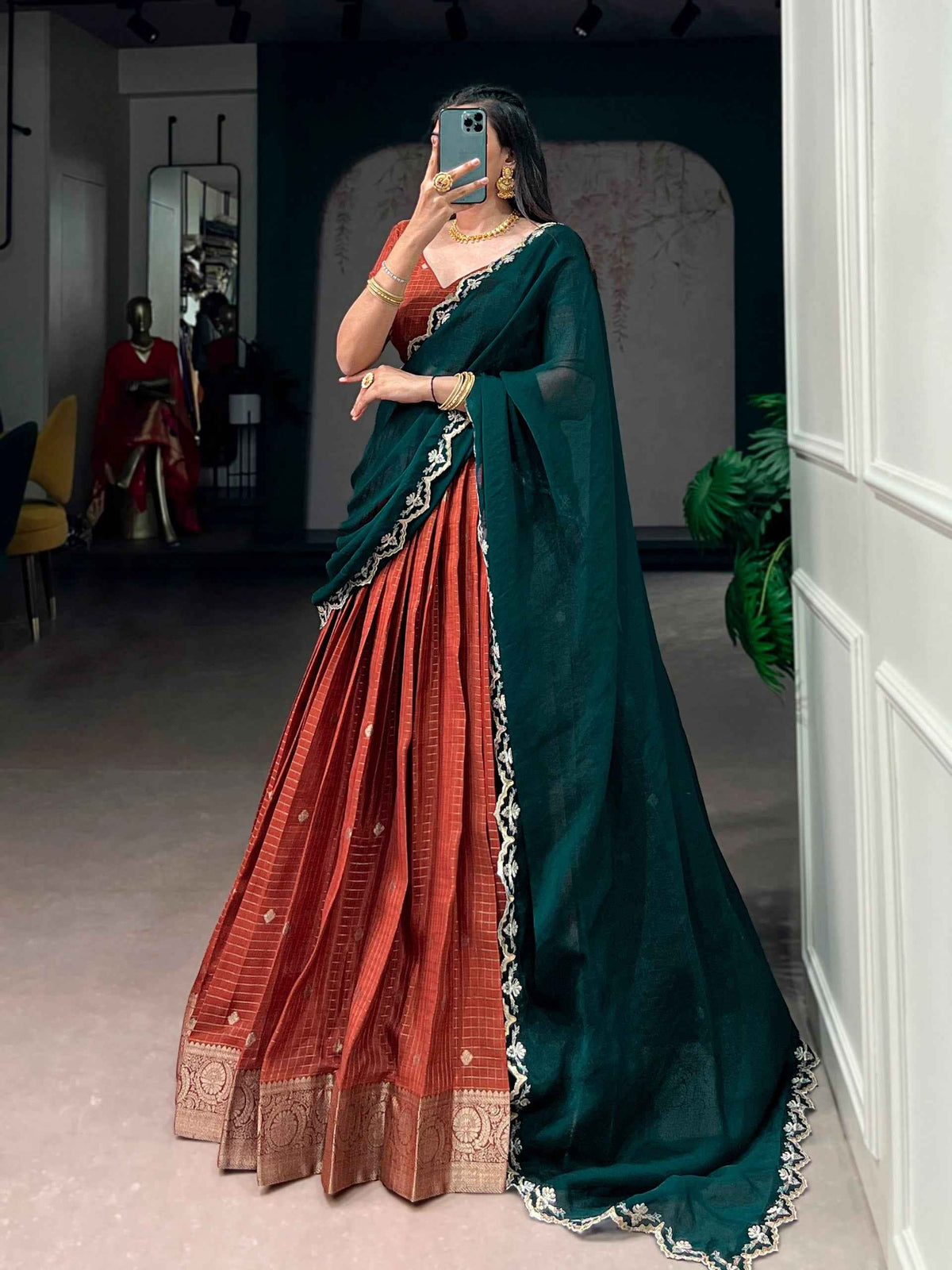 Orange Pure Chinon Silk Elegant Zari Weaving Work South Indian Lehenga Choli