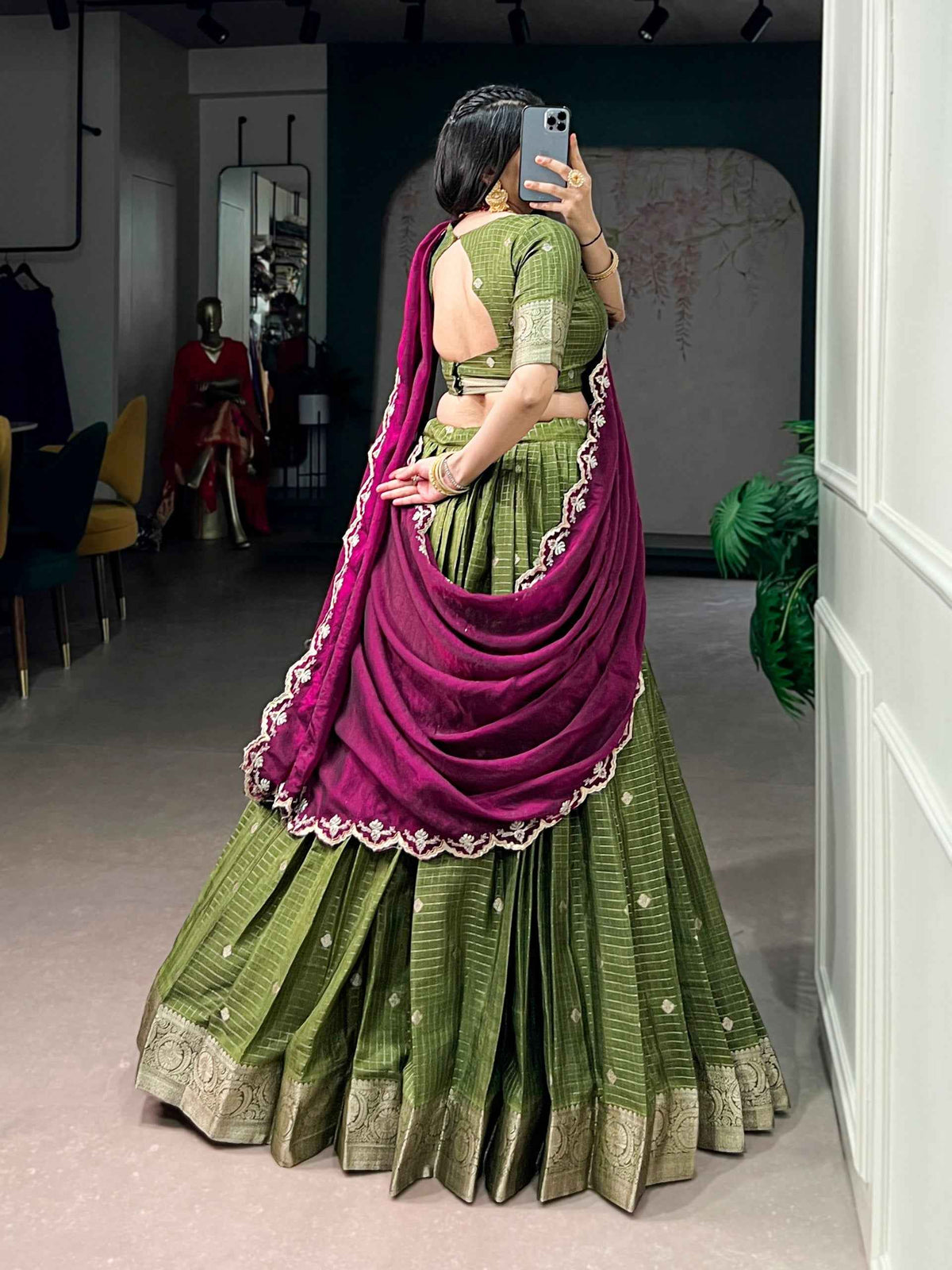 Mahendi Pure Chinon Silk Elegant Zari Weaving Work South Indian Lehenga Choli