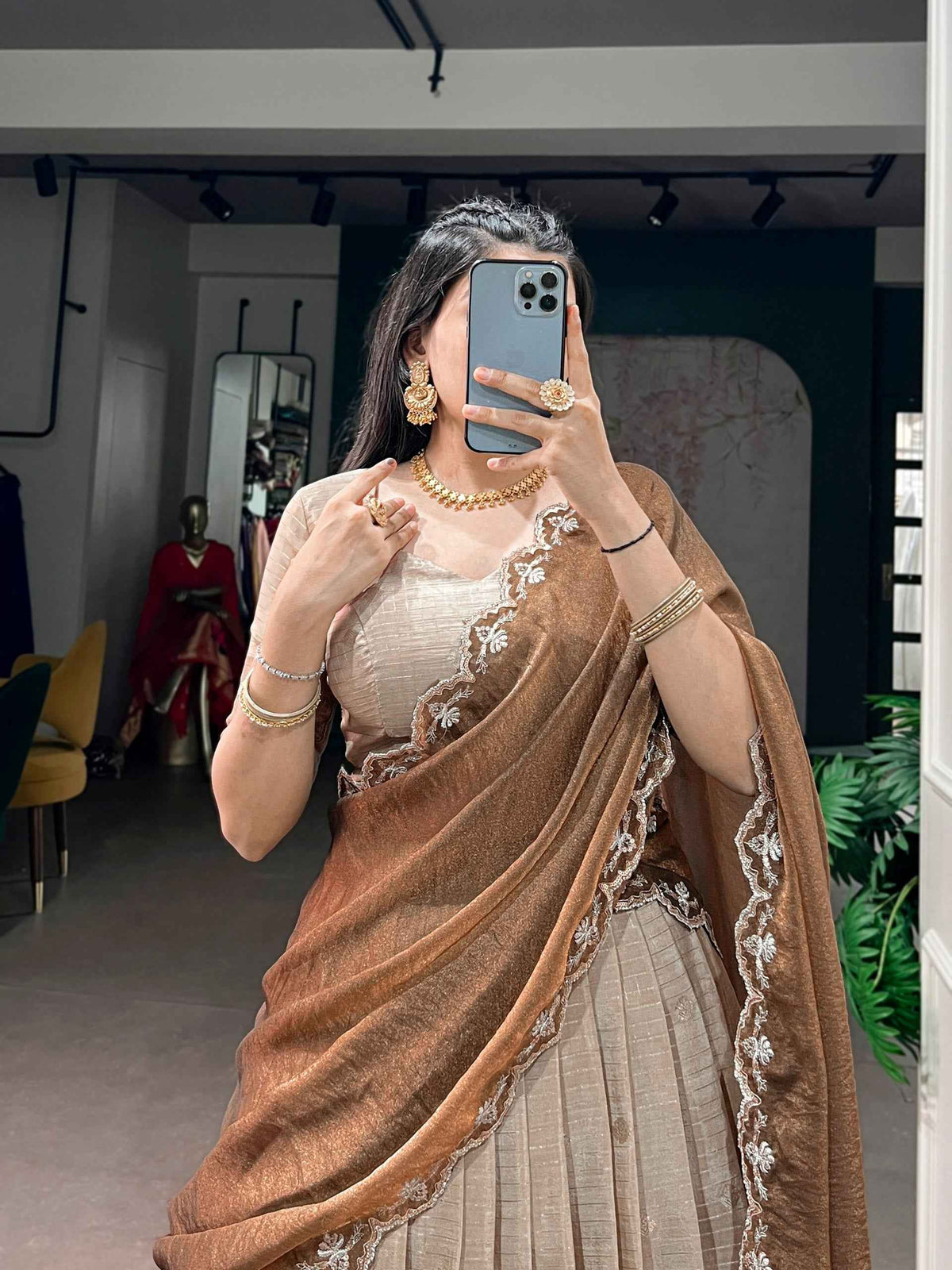 Cream Pure Chinon Silk Elegant Zari Weaving Work South Indian Lehenga Choli