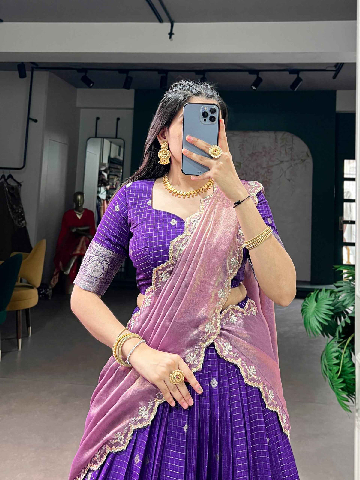 Purple Pure Chinon Silk Elegant Zari Weaving Work South Indian Lehenga Choli