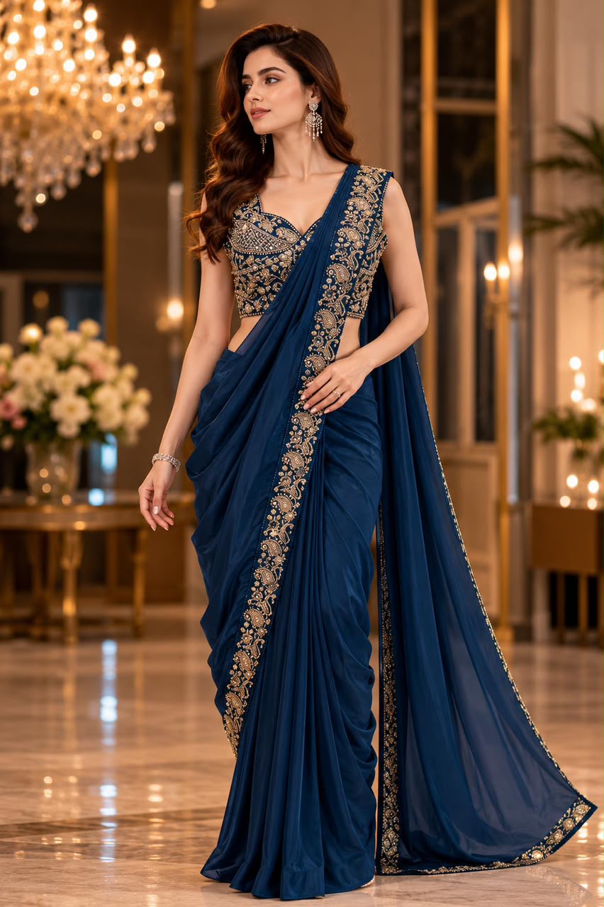 Blue Pure Imported Lycra Silk Ready to Wear Saree