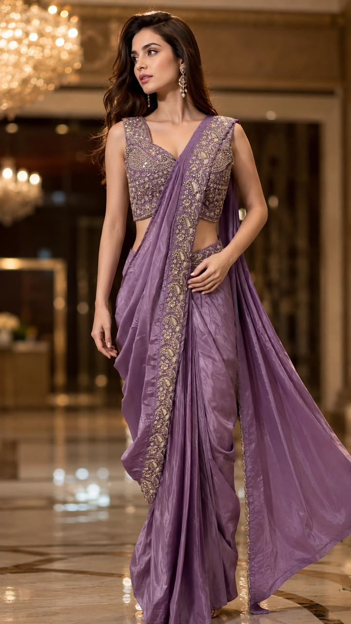 Lavender Pure Imported Lycra Silk Ready to Wear Saree