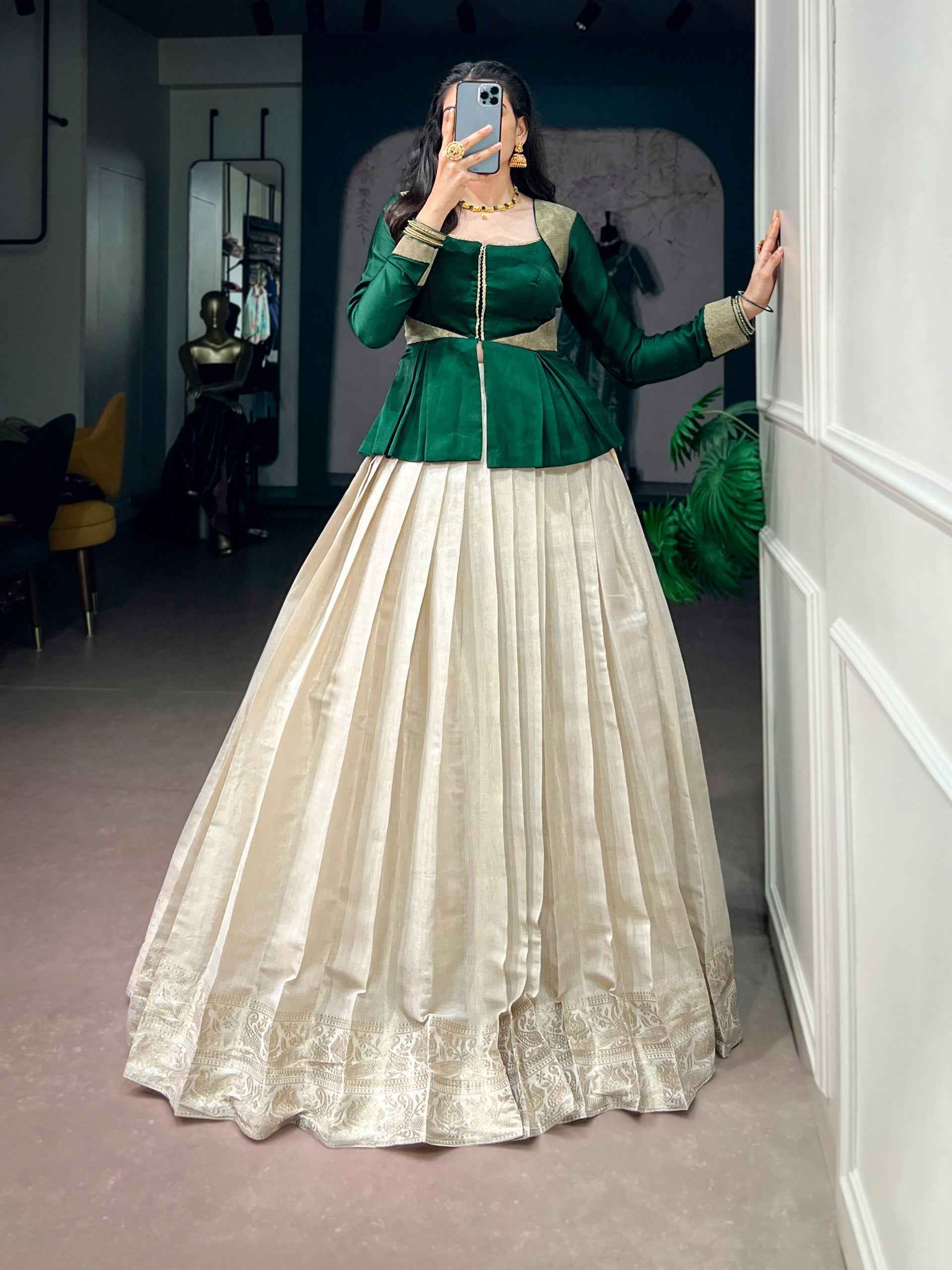 Cream Pure Kanchipuram Silk Rich Zari Weaving South Indian Lehenga Choli