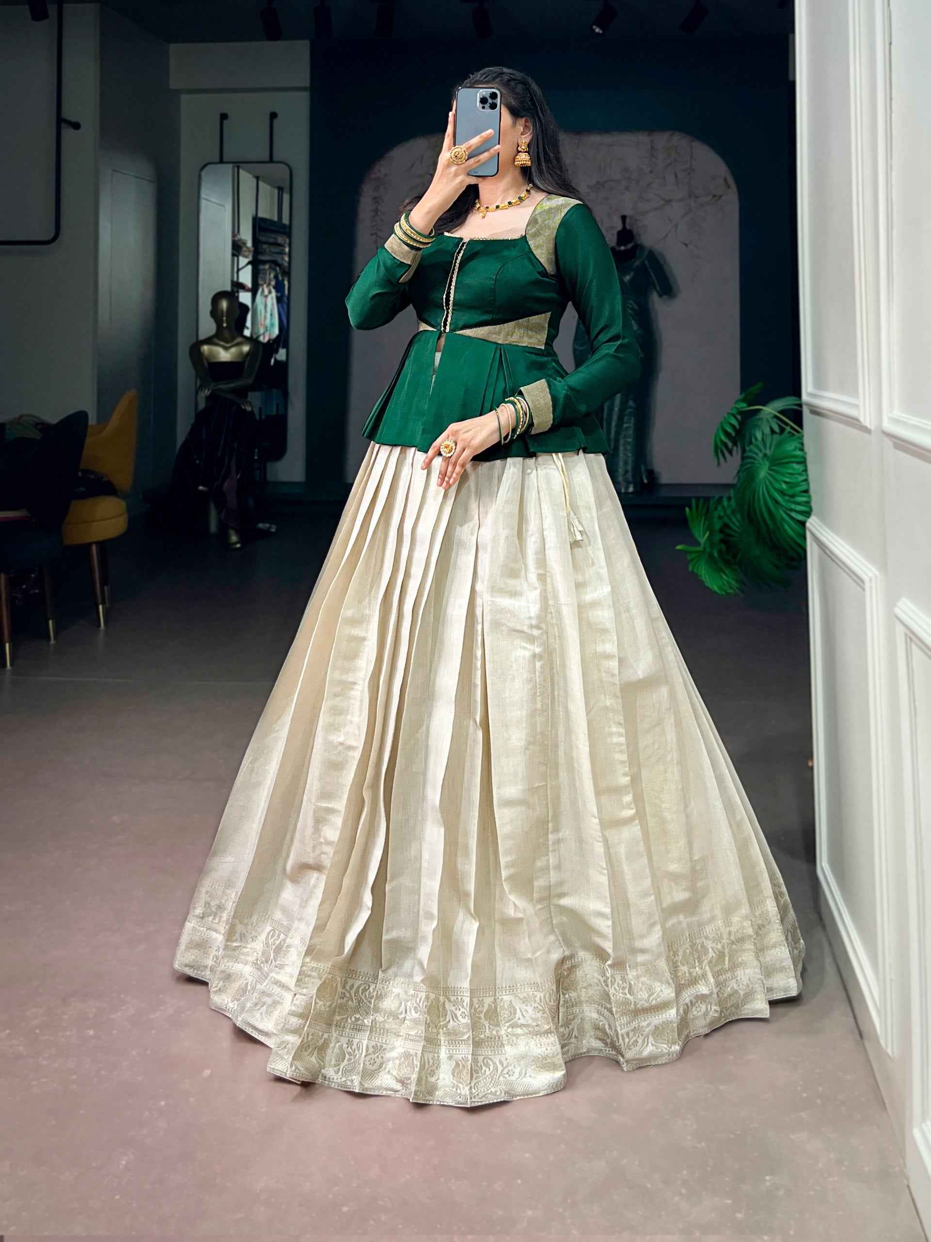 Cream Pure Kanchipuram Silk Rich Zari Weaving South Indian Lehenga Choli