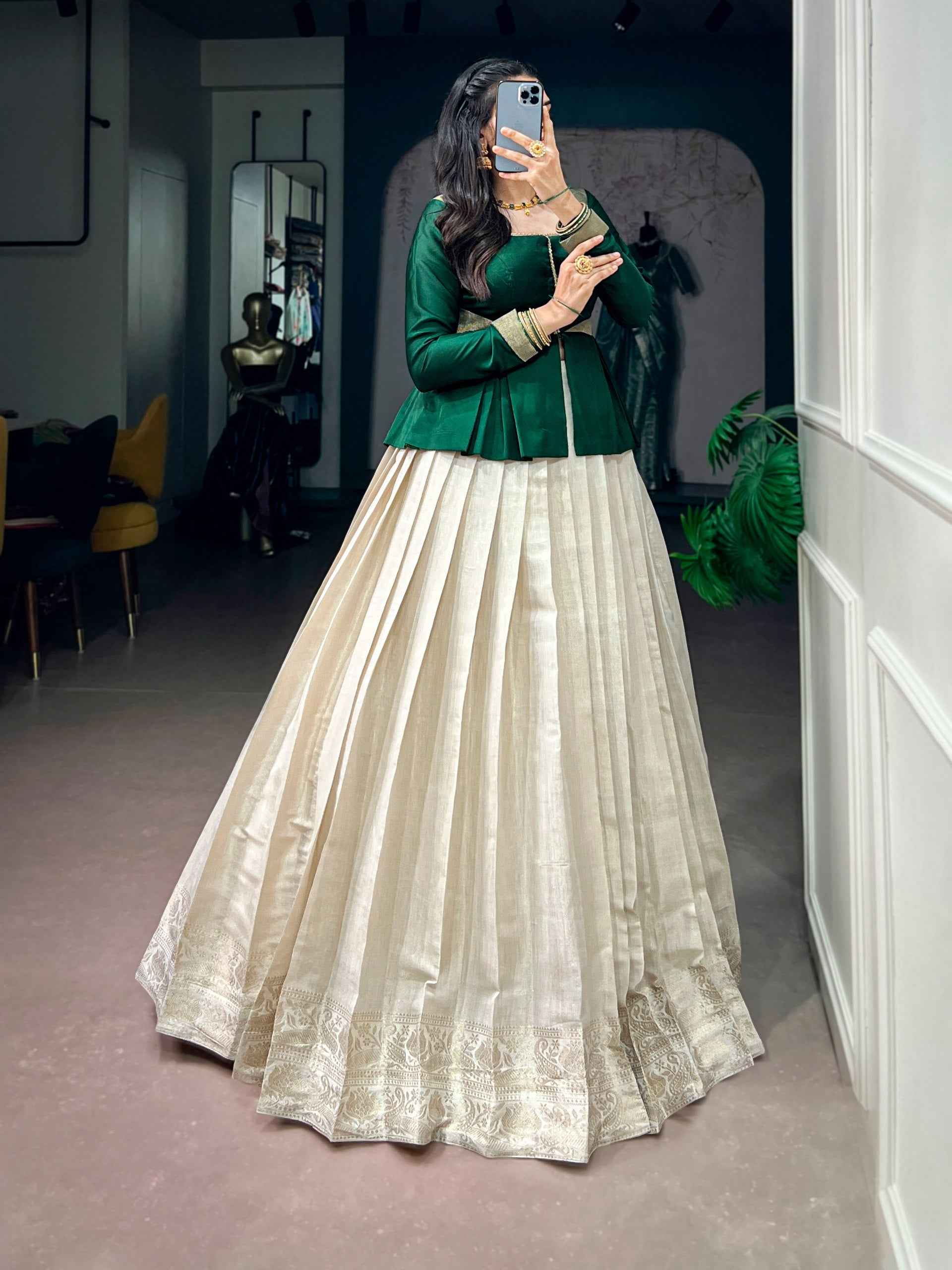 Cream Pure Kanchipuram Silk Rich Zari Weaving South Indian Lehenga Choli