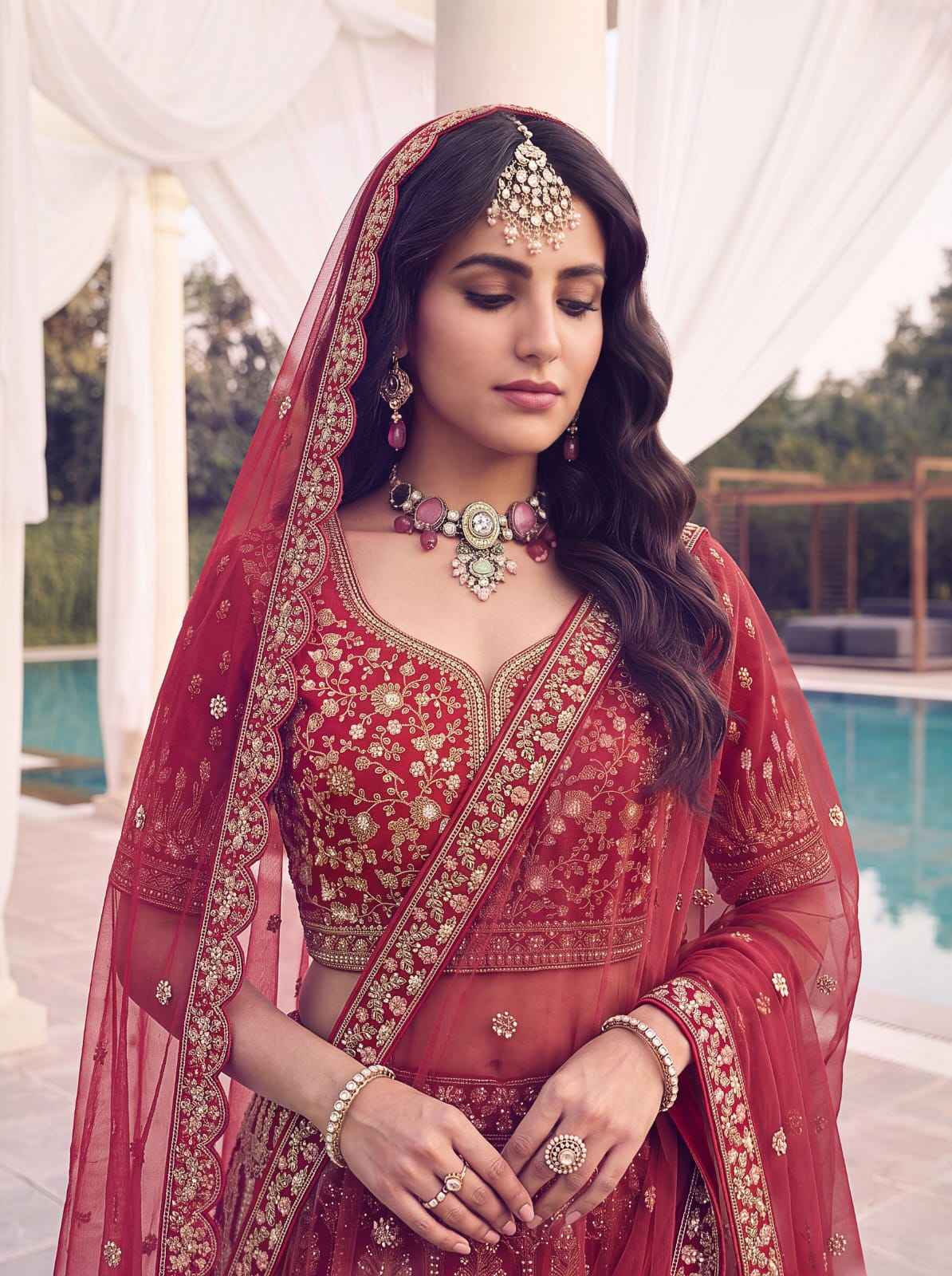 Red Pure Slubb Silk Premium Heavy Beads & Motif Dori Embroidery Zari Sequins Hand Work Bridal Lehenga Choli
