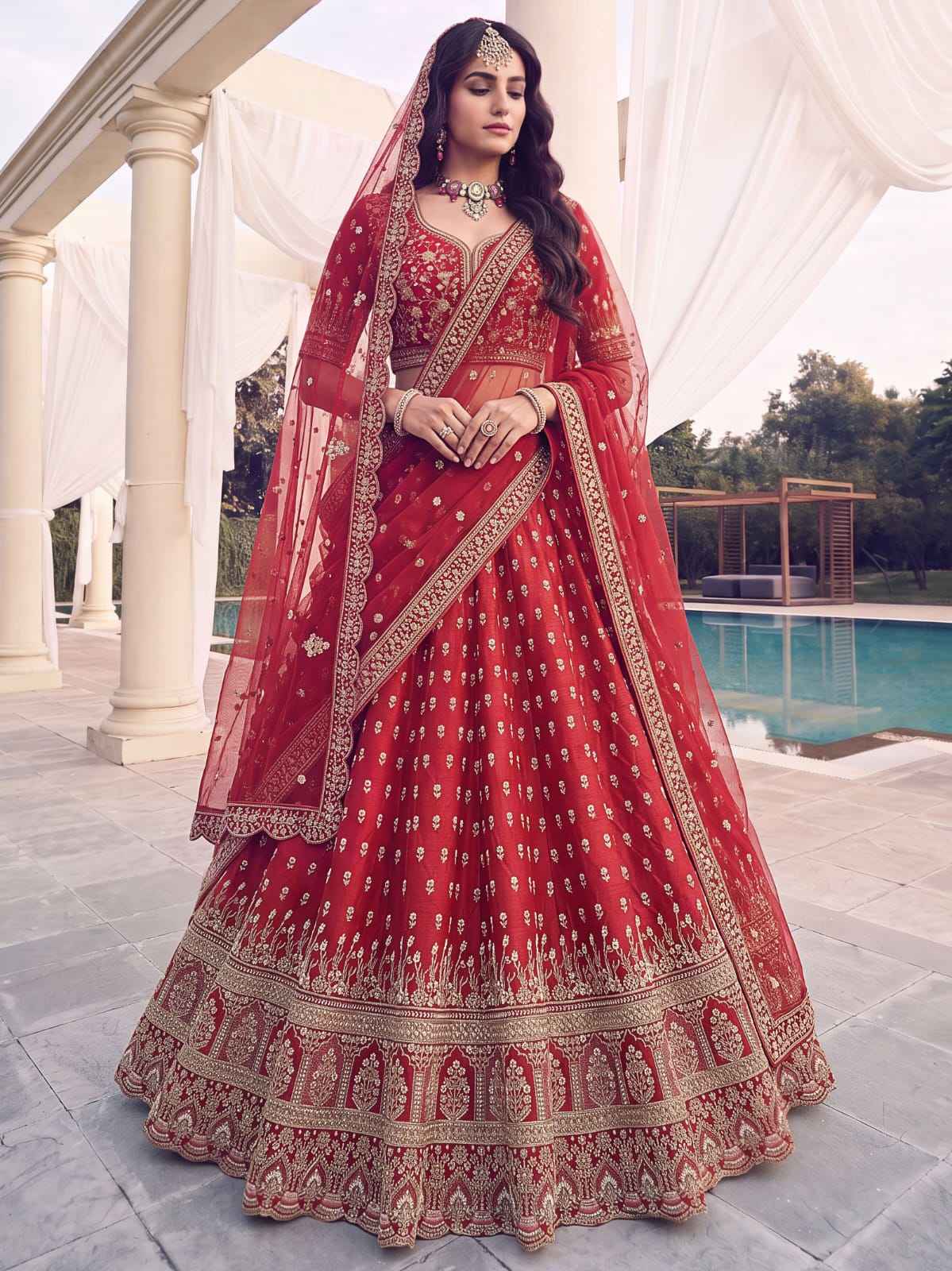 Red Pure Slubb Silk Premium Heavy Beads & Motif Dori Embroidery Zari Sequins Hand Work Bridal Lehenga Choli
