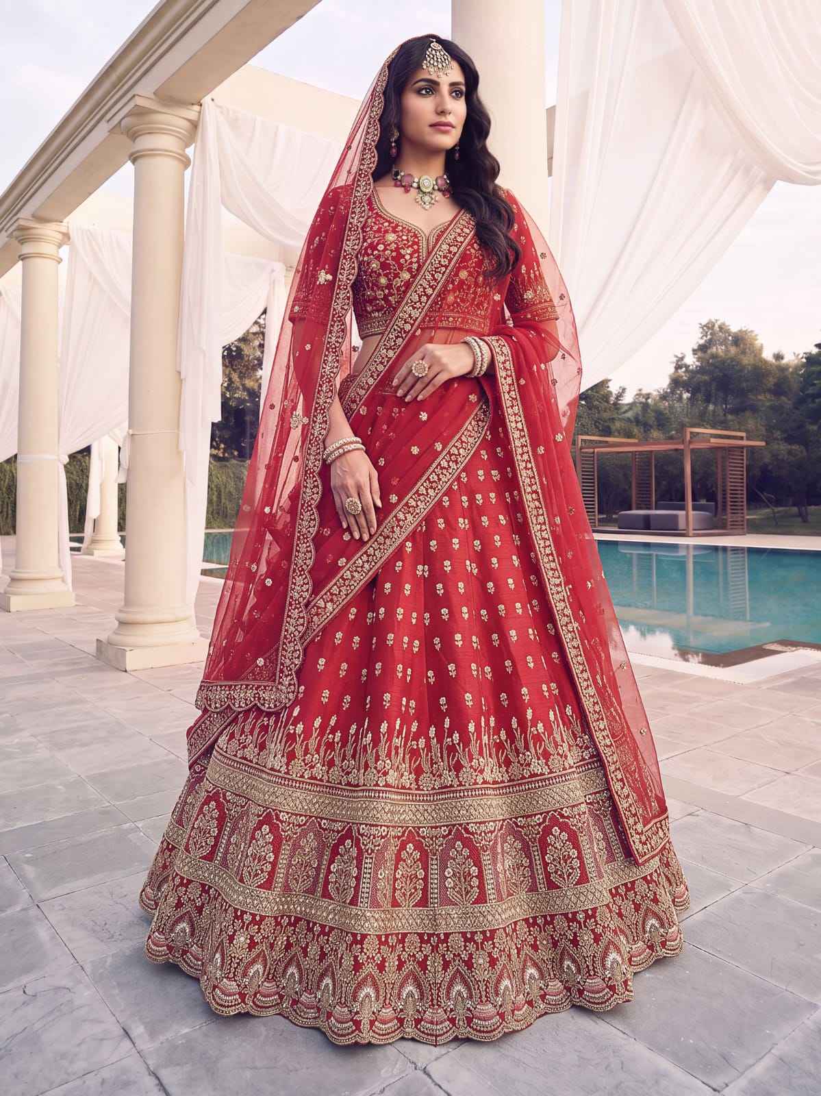 Red Pure Slubb Silk Premium Heavy Beads & Motif Dori Embroidery Zari Sequins Hand Work Bridal Lehenga Choli