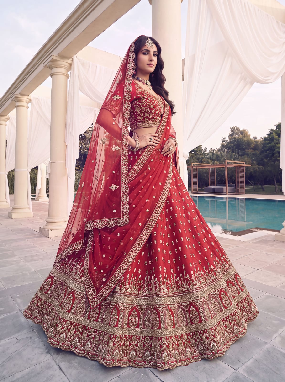 Red Pure Slubb Silk Premium Heavy Beads & Motif Dori Embroidery Zari Sequins Hand Work Bridal Lehenga Choli