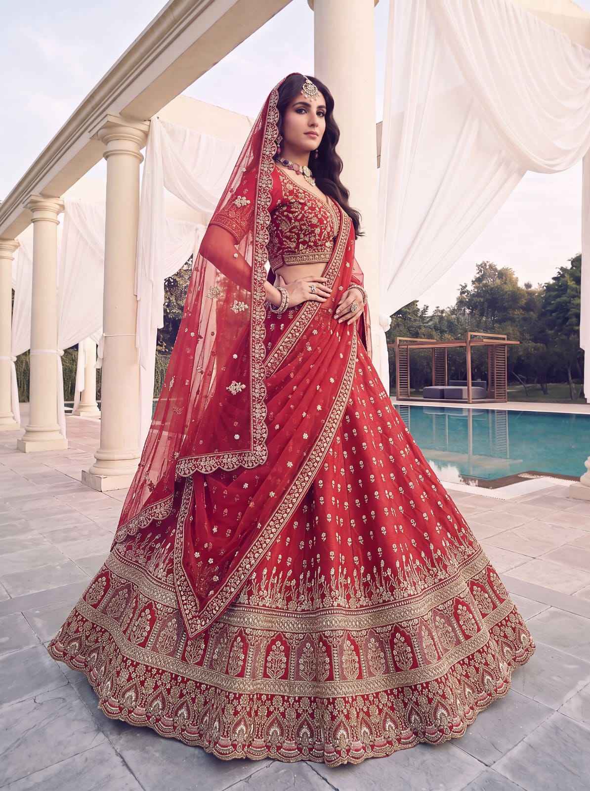 Red Pure Slubb Silk Premium Heavy Beads & Motif Dori Embroidery Zari Sequins Hand Work Bridal Lehenga Choli