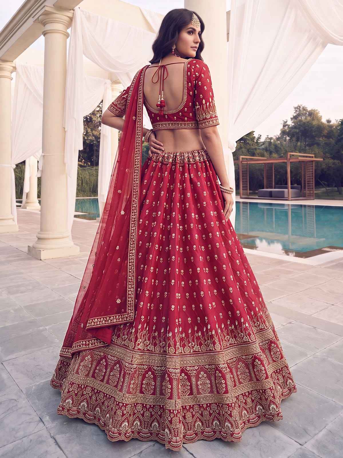 Red Pure Slubb Silk Premium Heavy Beads & Motif Dori Embroidery Zari Sequins Hand Work Bridal Lehenga Choli