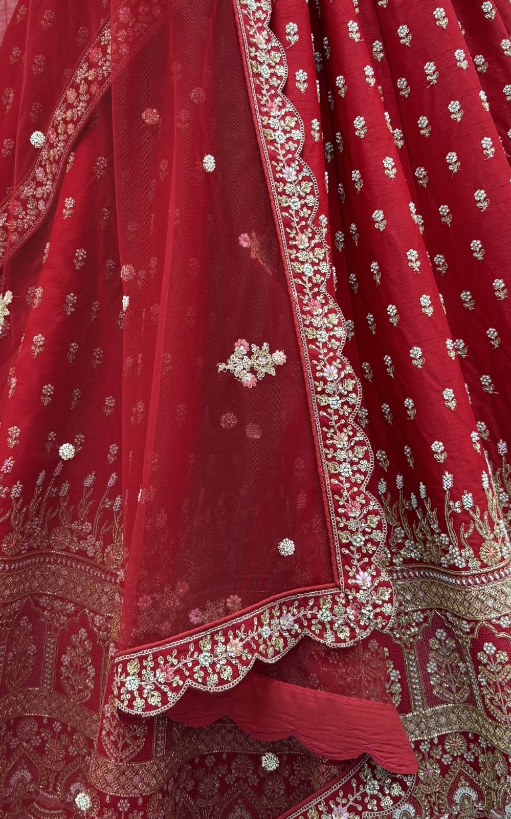 Red Pure Slubb Silk Premium Heavy Beads & Motif Dori Embroidery Zari Sequins Hand Work Bridal Lehenga Choli