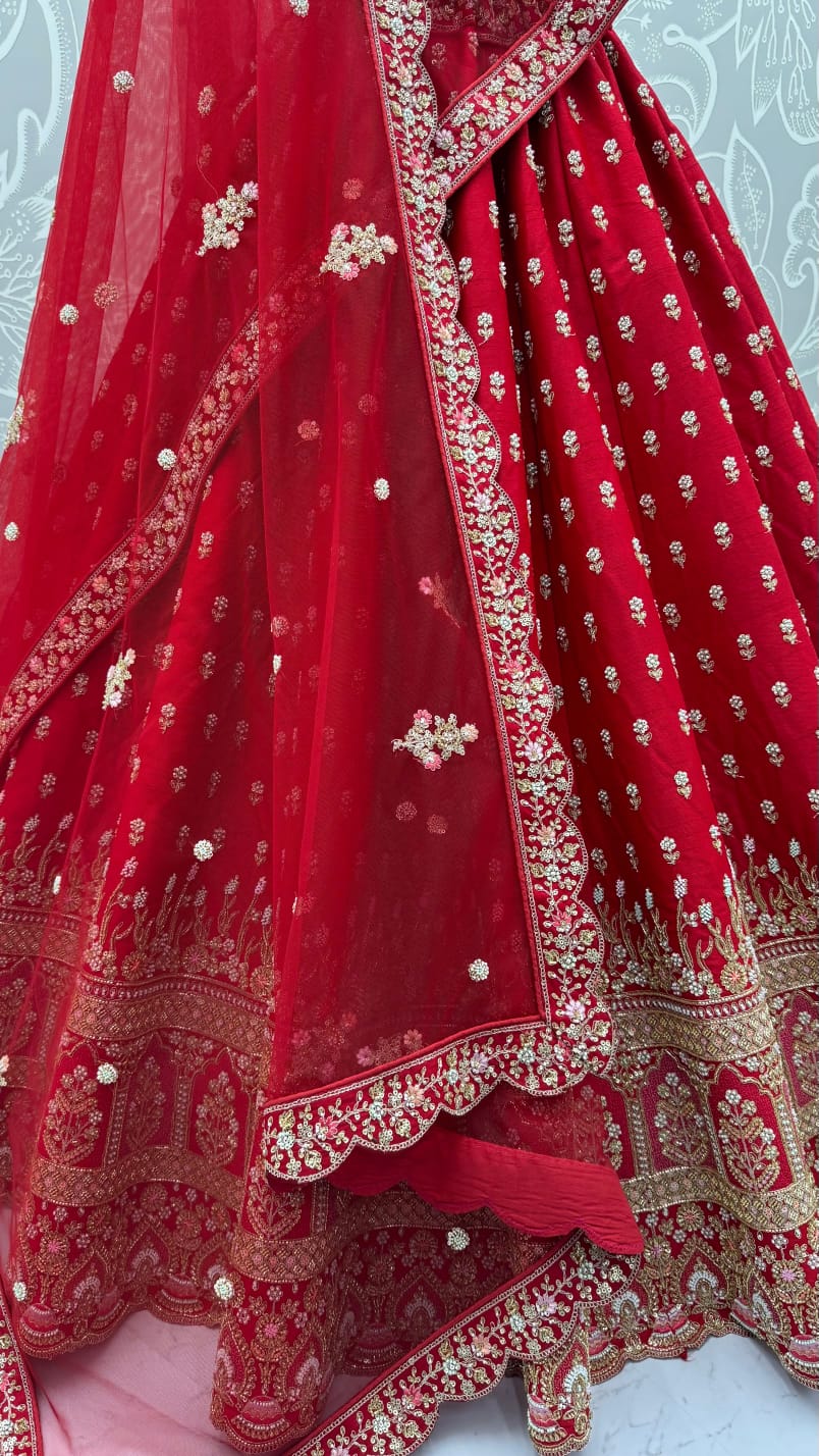 Red Pure Slubb Silk Premium Heavy Beads & Motif Dori Embroidery Zari Sequins Hand Work Bridal Lehenga Choli