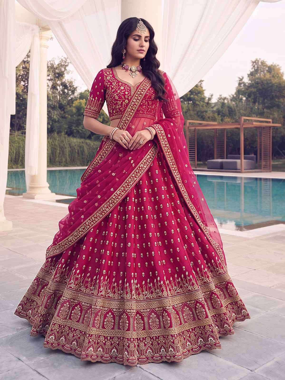 Rani Pure Slubb Silk Premium Heavy Beads & Motif Dori Embroidery Zari Sequins Hand Work Bridal Lehenga Choli