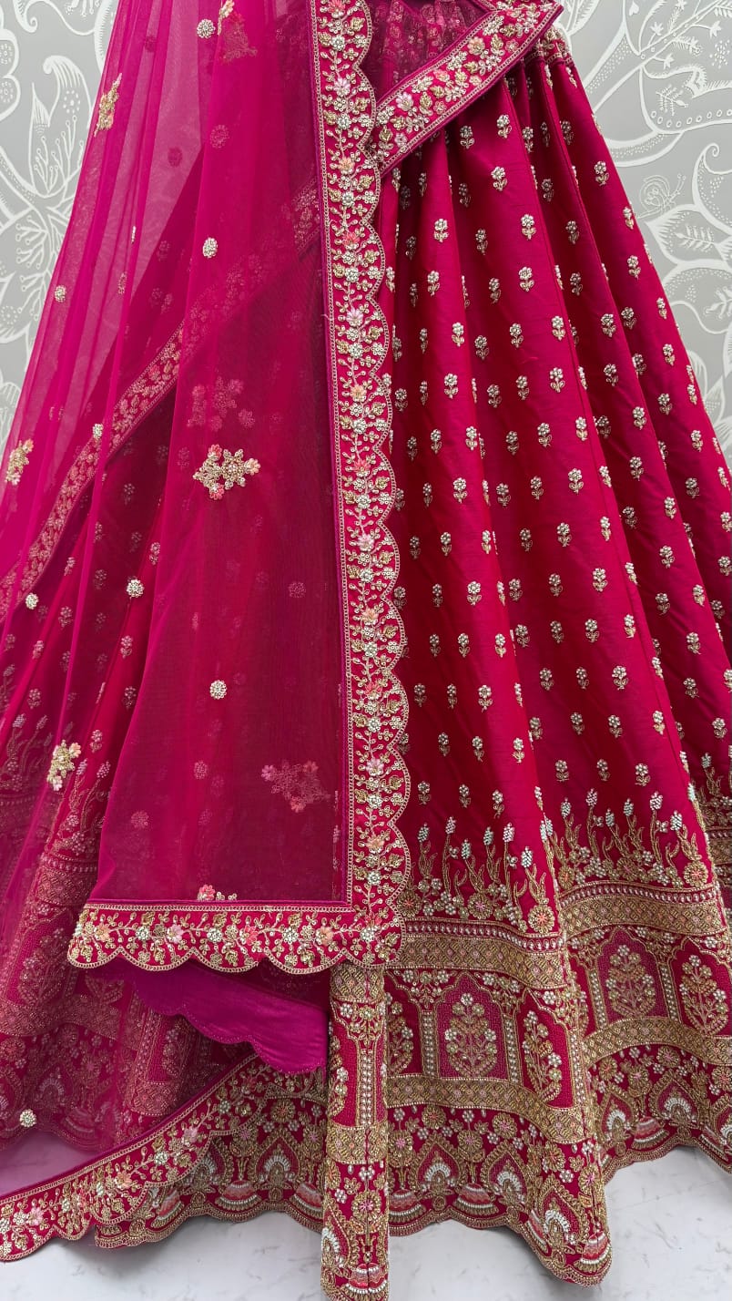 Rani Pure Slubb Silk Premium Heavy Beads & Motif Dori Embroidery Zari Sequins Hand Work Bridal Lehenga Choli