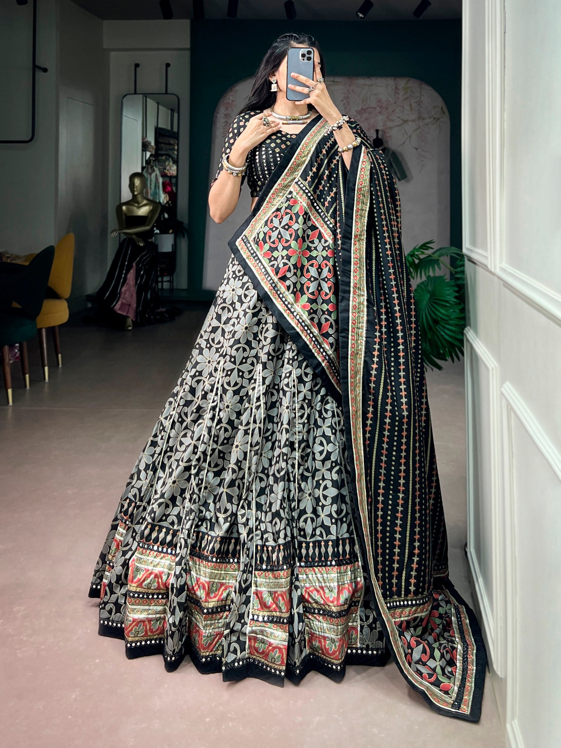 Black Pure Tasar Silk with Iconic Sparkle Navratri Lehenga Choli