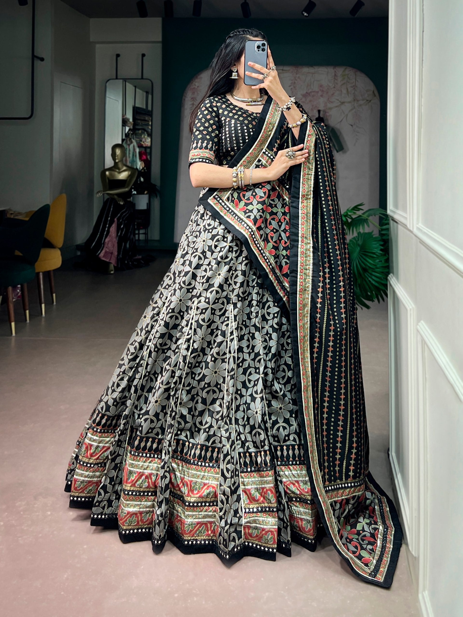 Black Pure Tasar Silk with Iconic Sparkle Navratri Lehenga Choli