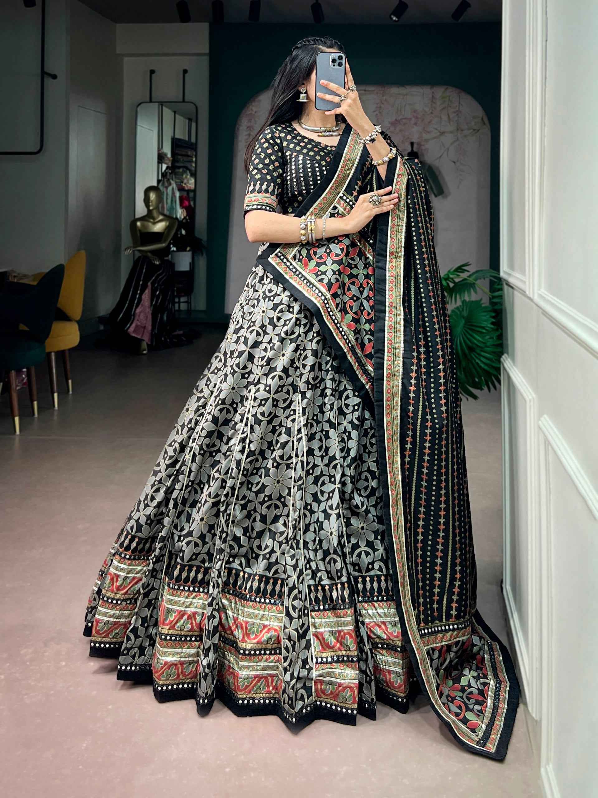 Black Pure Tasar Silk with Iconic Sparkle Navratri Lehenga Choli