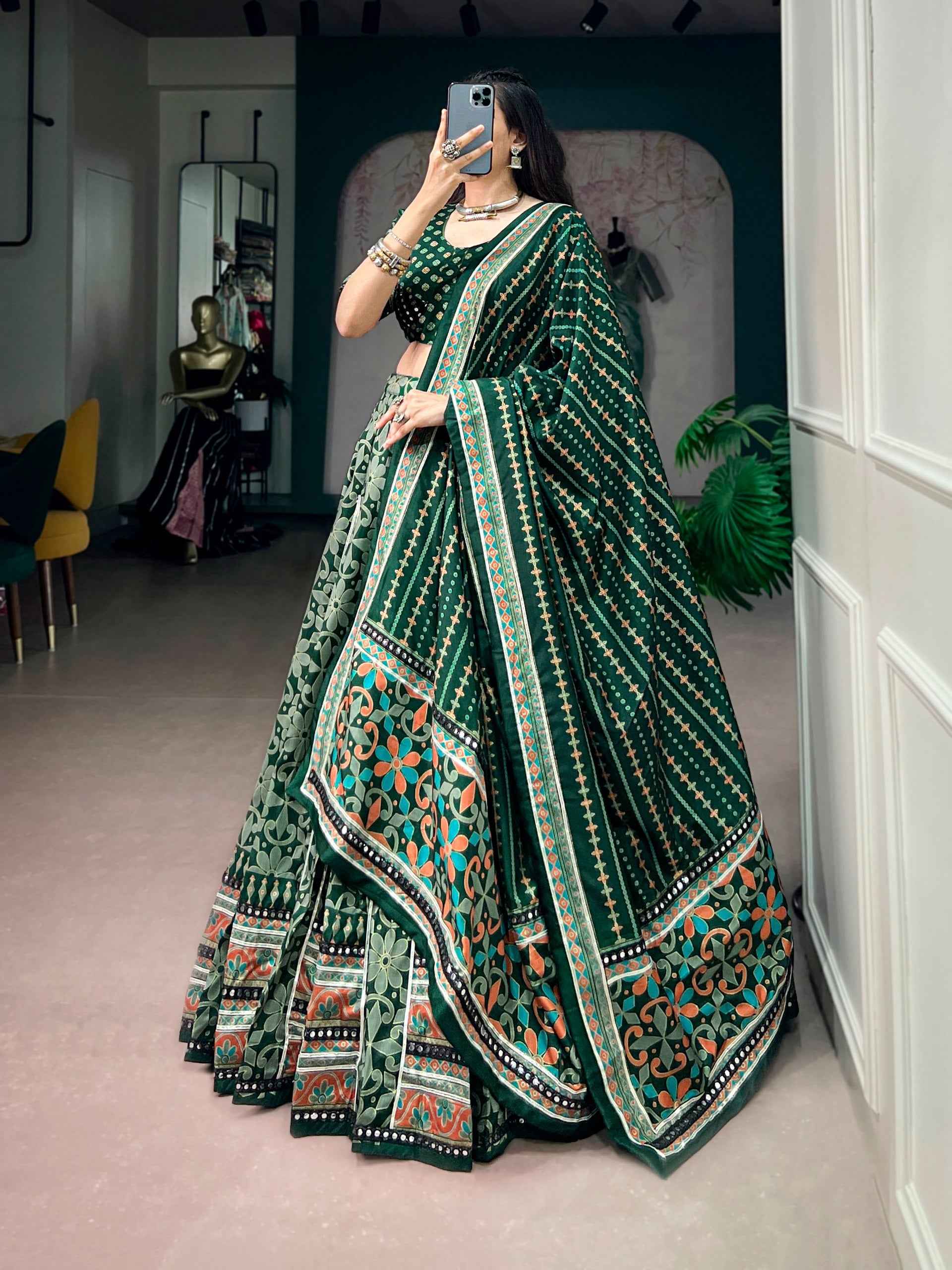Green Pure Tasar Silk with Iconic Sparkle Navratri Lehenga Choli