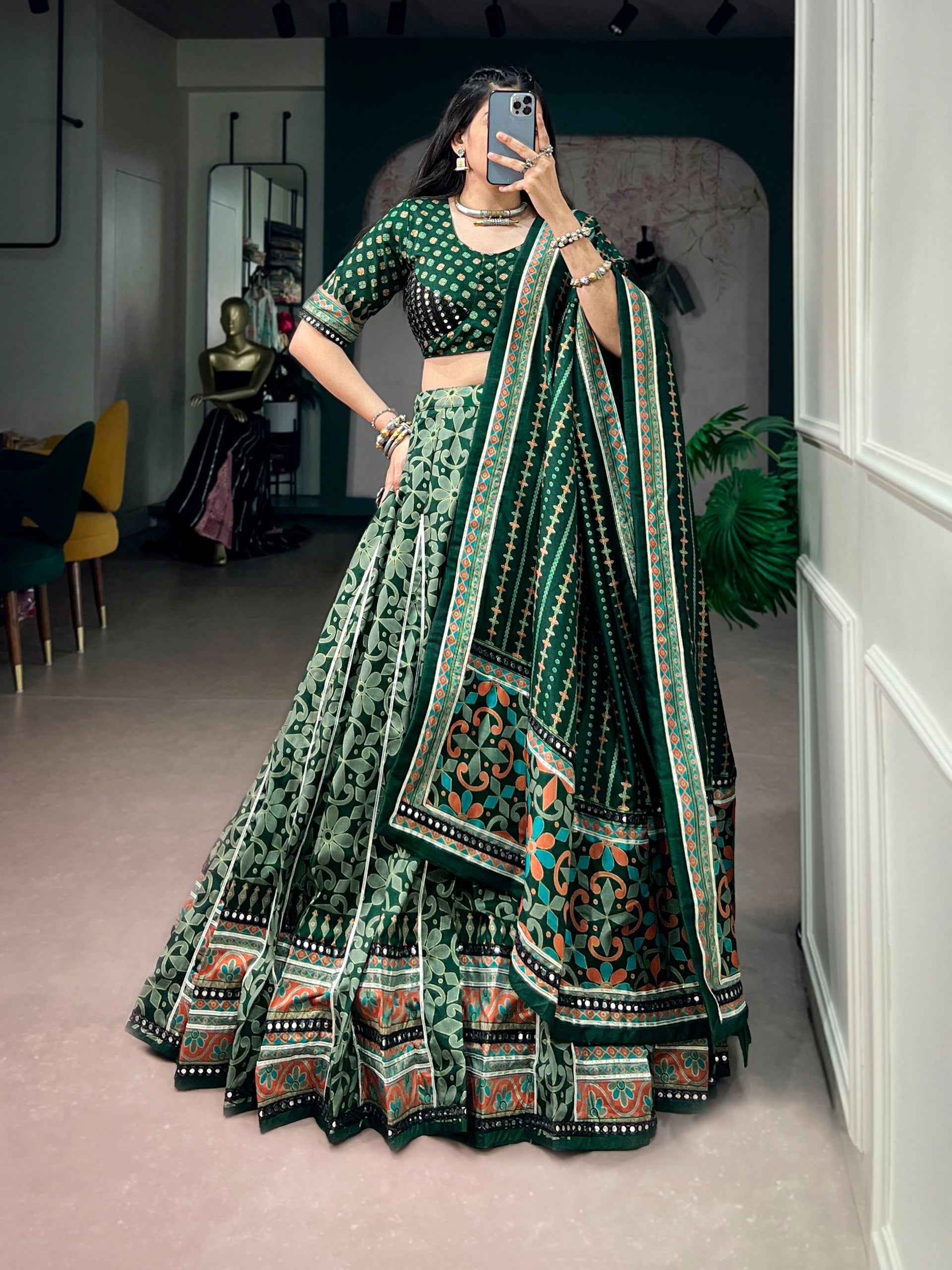 Green Pure Tasar Silk with Iconic Sparkle Navratri Lehenga Choli