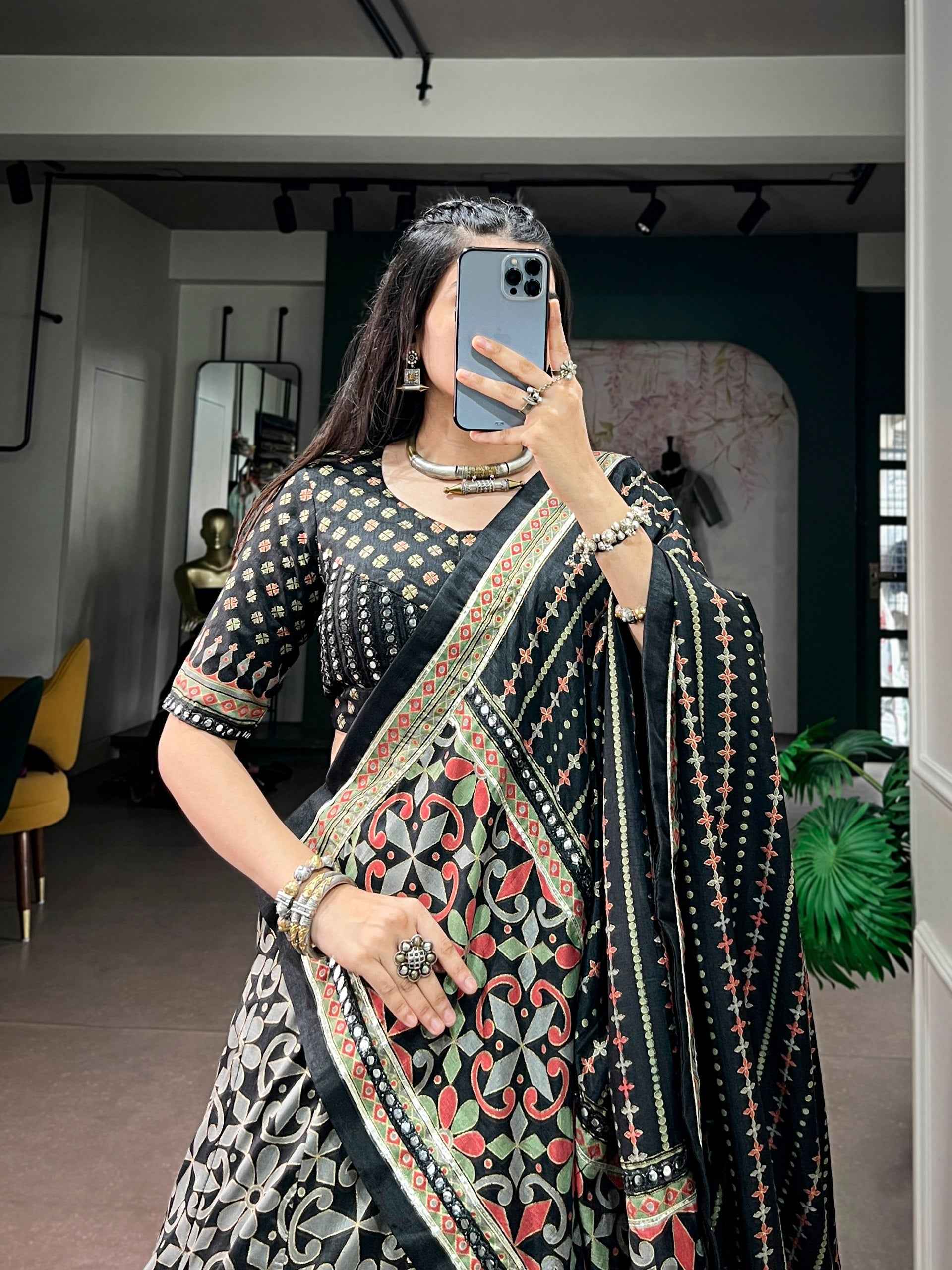 Black Pure Tasar Silk with Iconic Sparkle Navratri Lehenga Choli