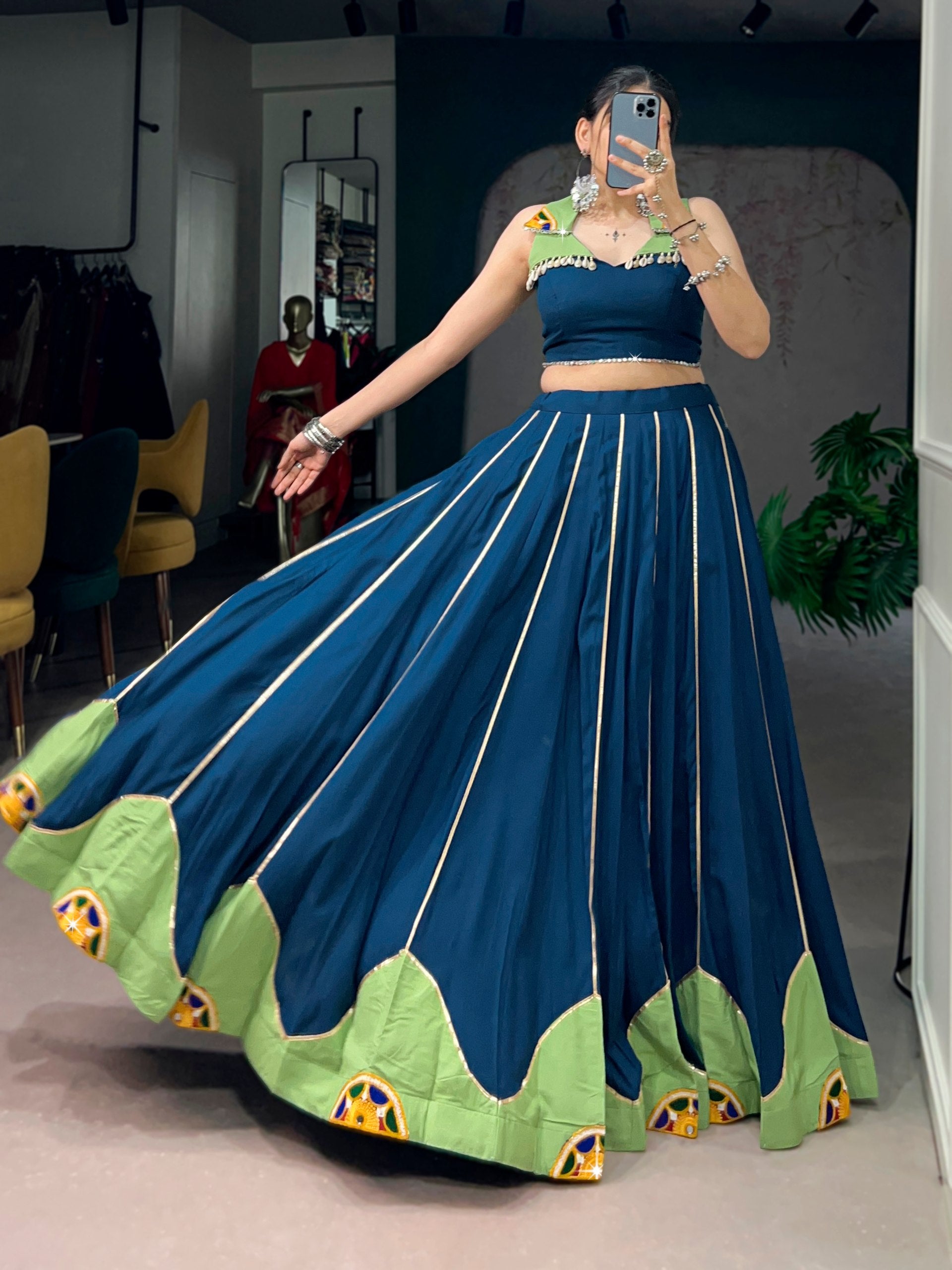 Blue Pure Reyon Cotton Gamthi Gota Patti & Mirror Work Navratri Lehenga Choli