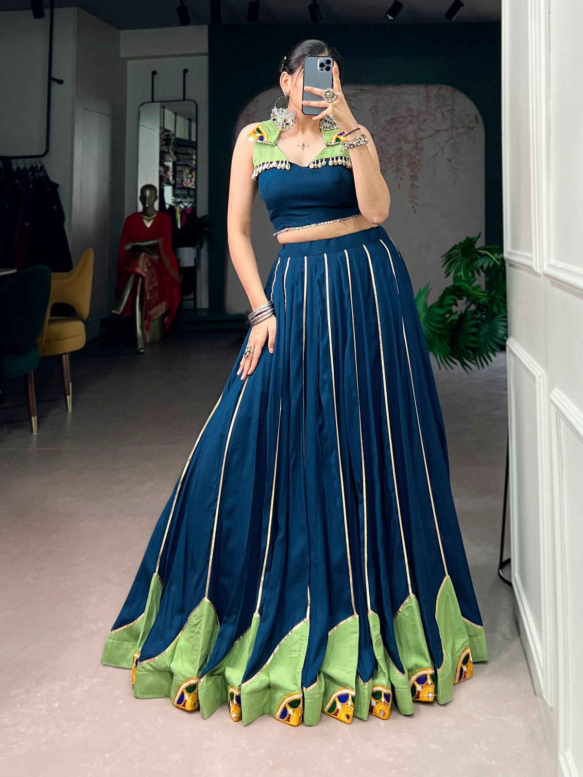 Blue Pure Reyon Cotton Gamthi Gota Patti & Mirror Work Navratri Lehenga Choli