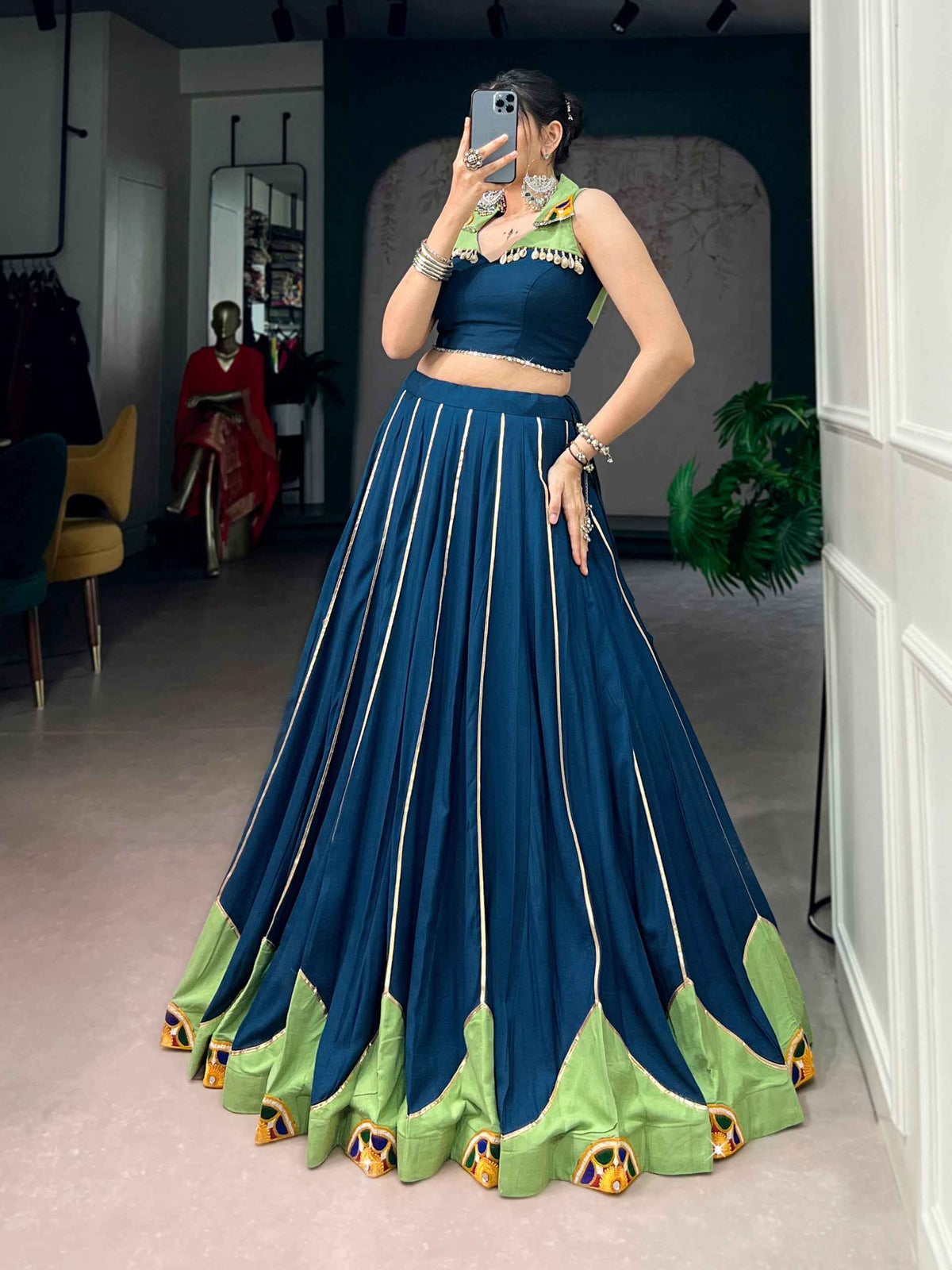 Blue Pure Reyon Cotton Gamthi Gota Patti & Mirror Work Navratri Lehenga Choli