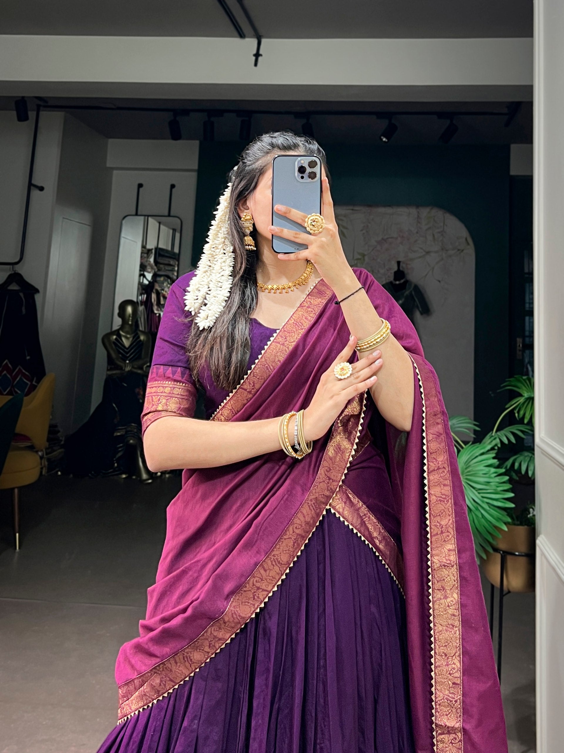 Purple Pure Poly Cotton with Zari Woven Border South Indian Lehenga Choli