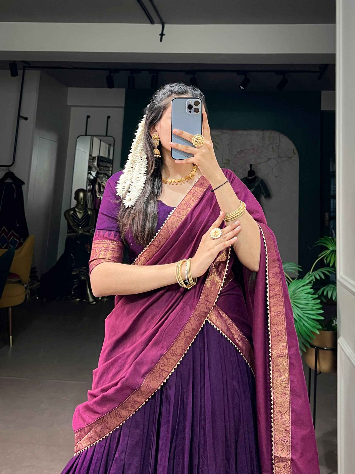 Purple Pure Poly Cotton with Zari Woven Border South Indian Lehenga Choli