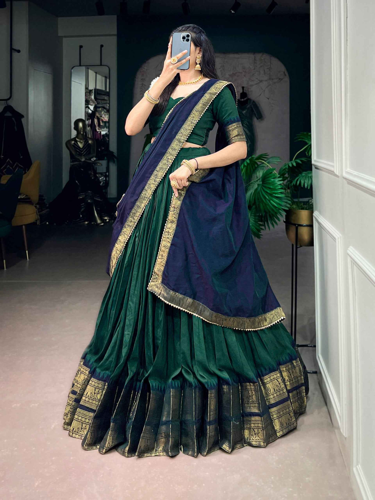 Green Pure Poly Cotton with Zari Woven Border South Indian Lehenga Choli