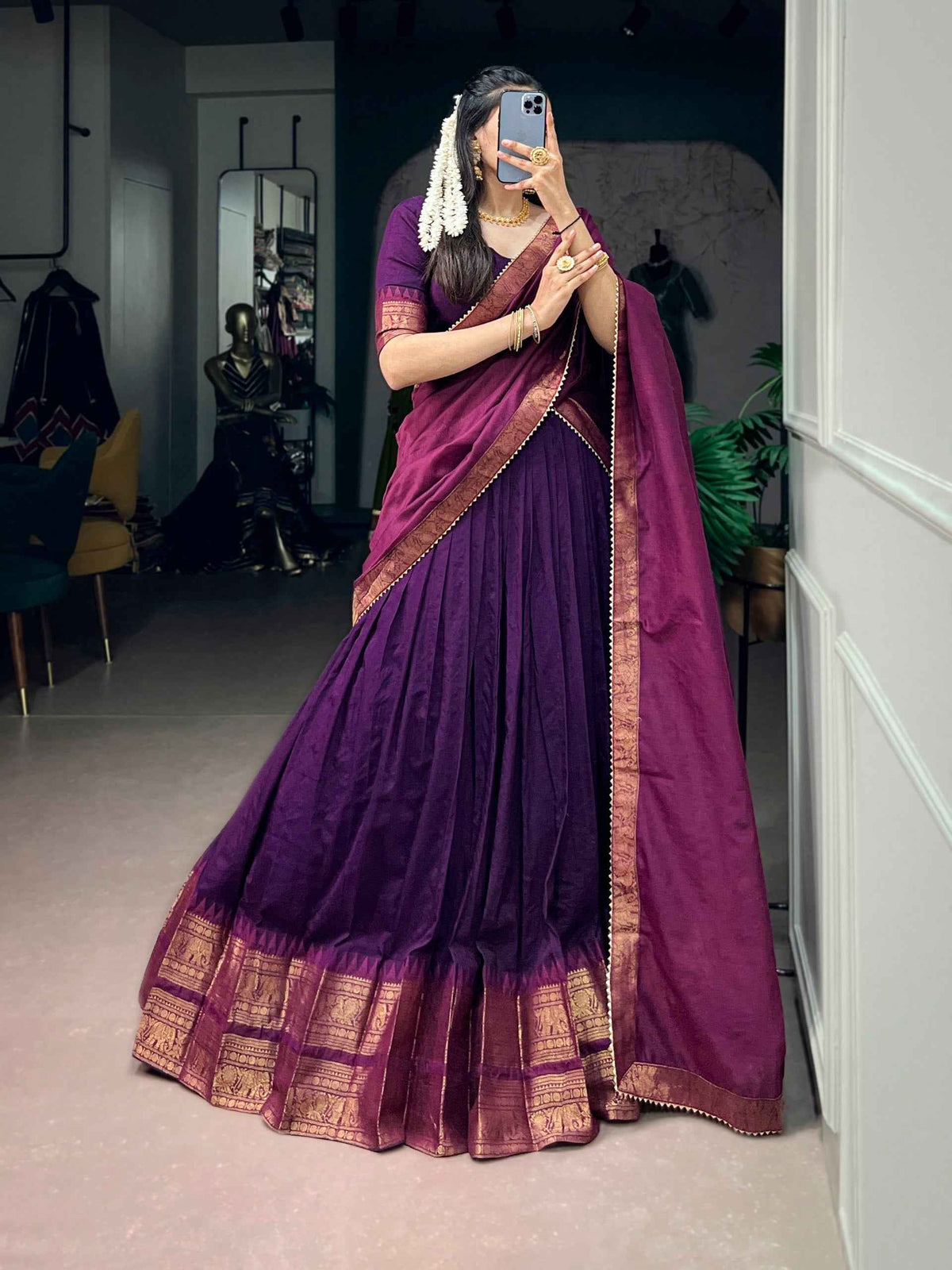 Purple Pure Poly Cotton with Zari Woven Border South Indian Lehenga Choli
