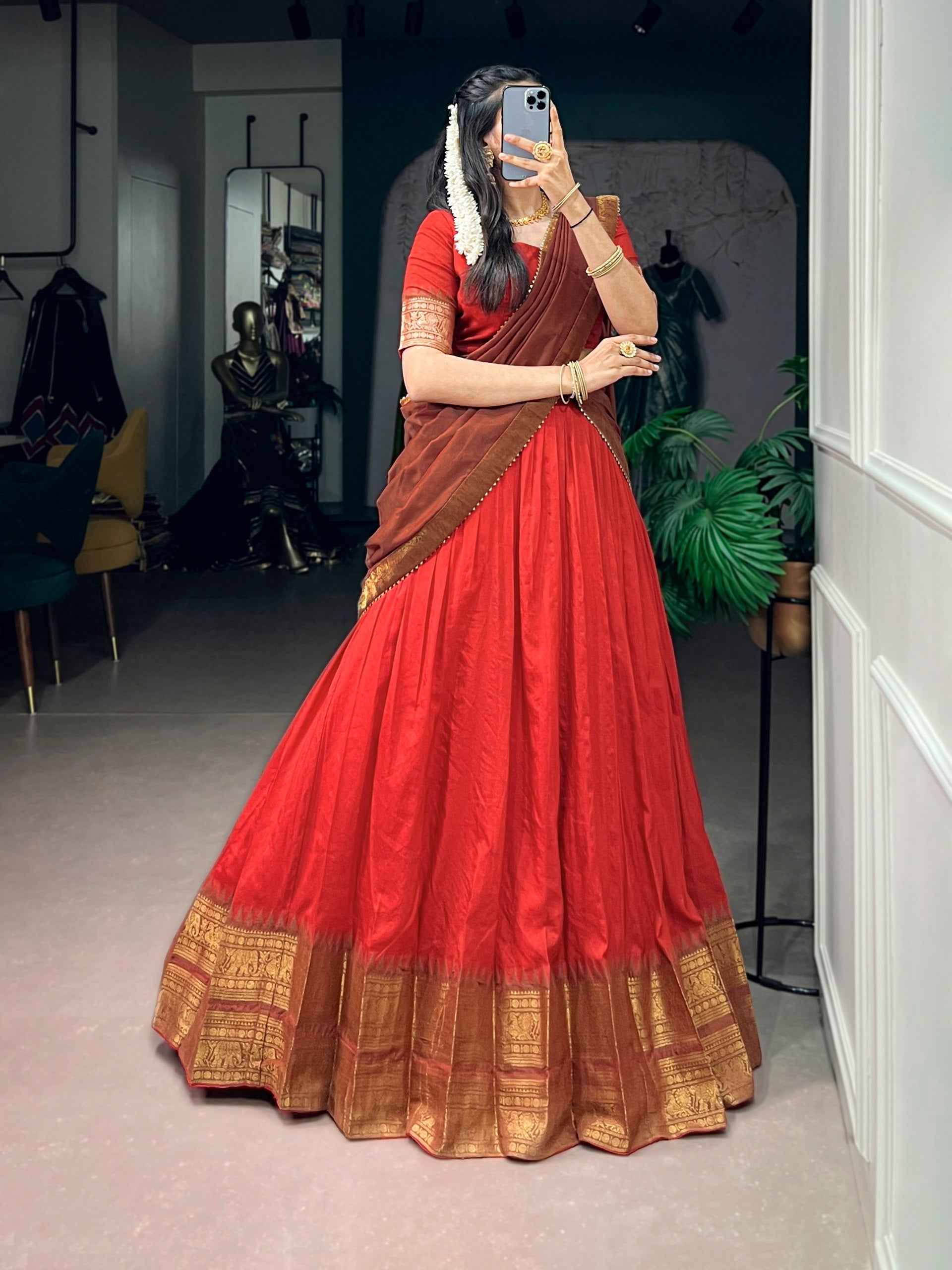 Red Pure Poly Cotton with Zari Woven Border South Indian Lehenga Choli