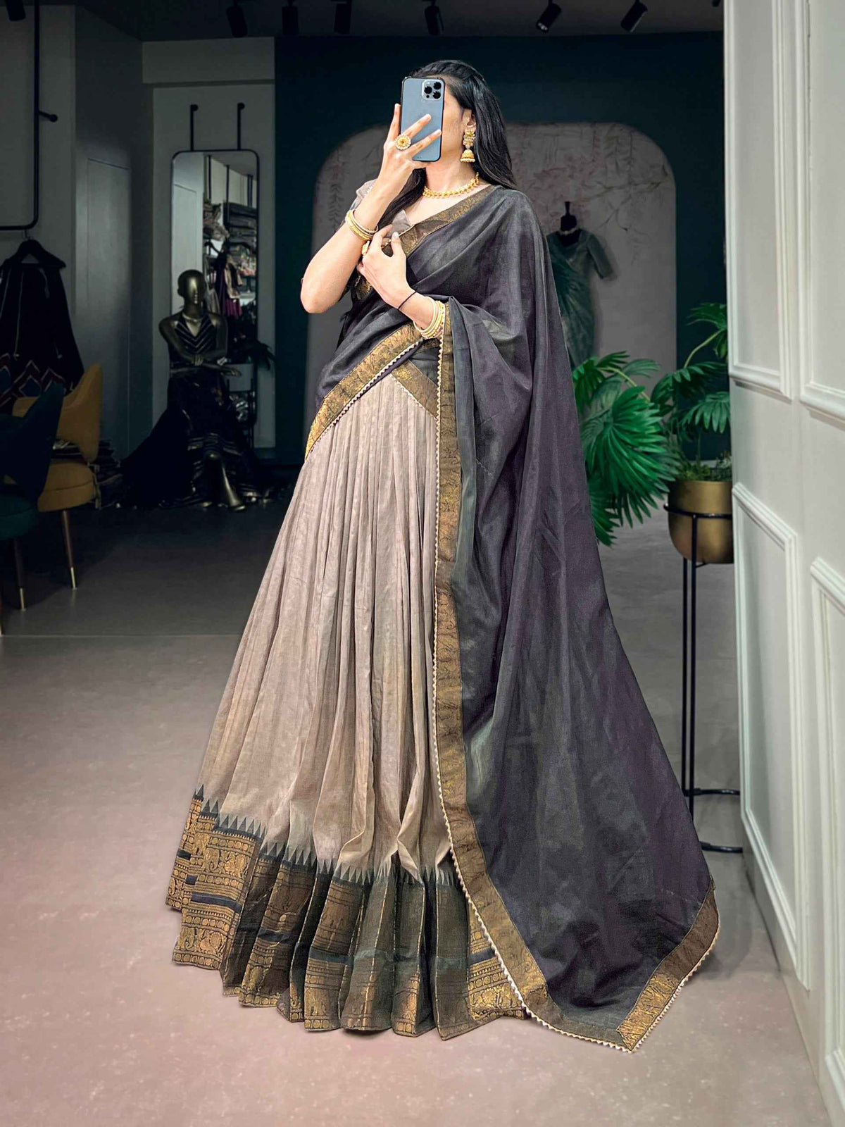 Dark Brown Pure Poly Cotton with Zari Woven Border South Indian Lehenga Choli