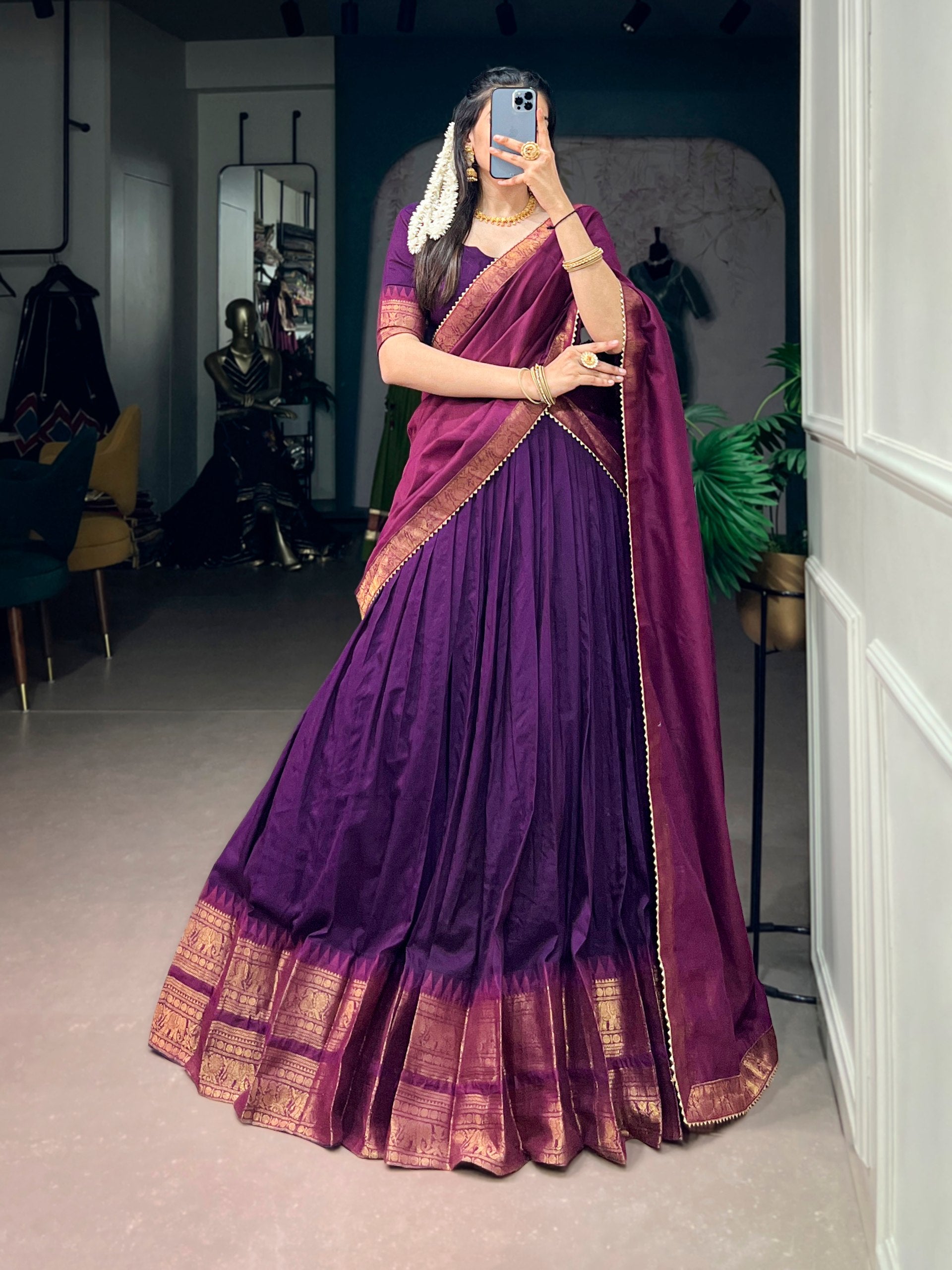 Purple Pure Poly Cotton with Zari Woven Border South Indian Lehenga Choli