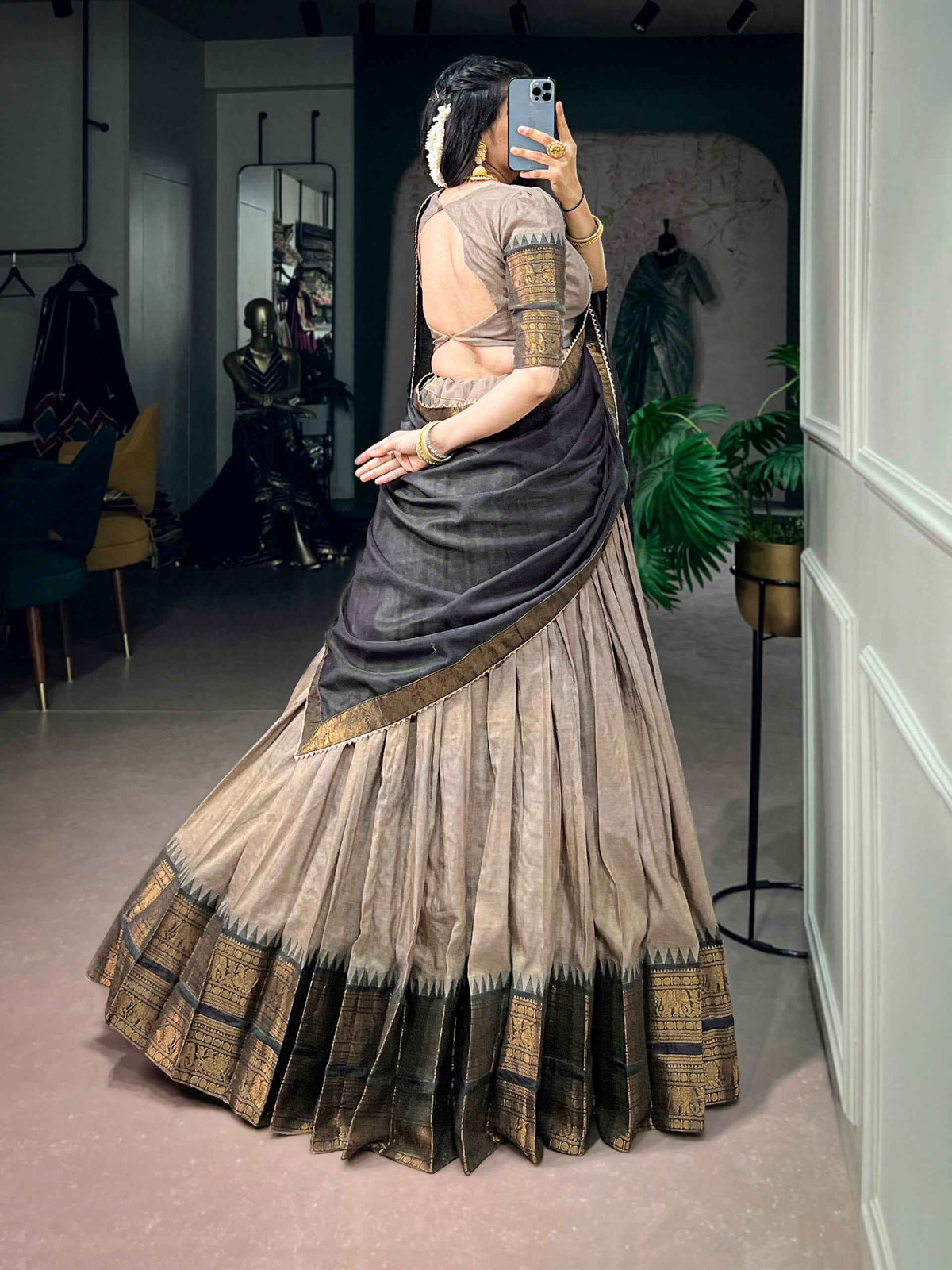Dark Brown Pure Poly Cotton with Zari Woven Border South Indian Lehenga Choli