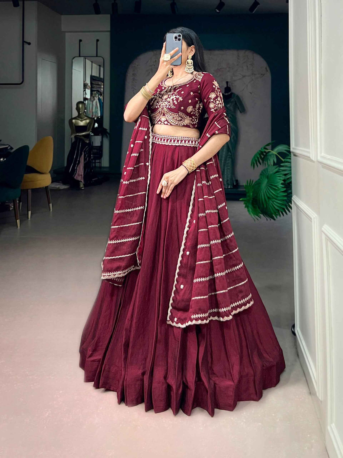 Maroon Pure Rangoli Crush Silk Heavy Embroidery South Indian Lehenga Choli