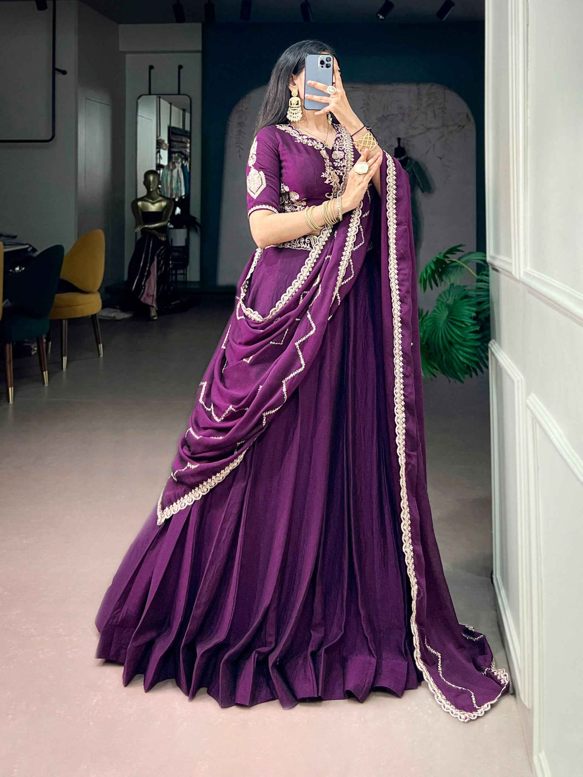 Purple Pure Rangoli Crush Silk Heavy Embroidery South Indian Lehenga Choli