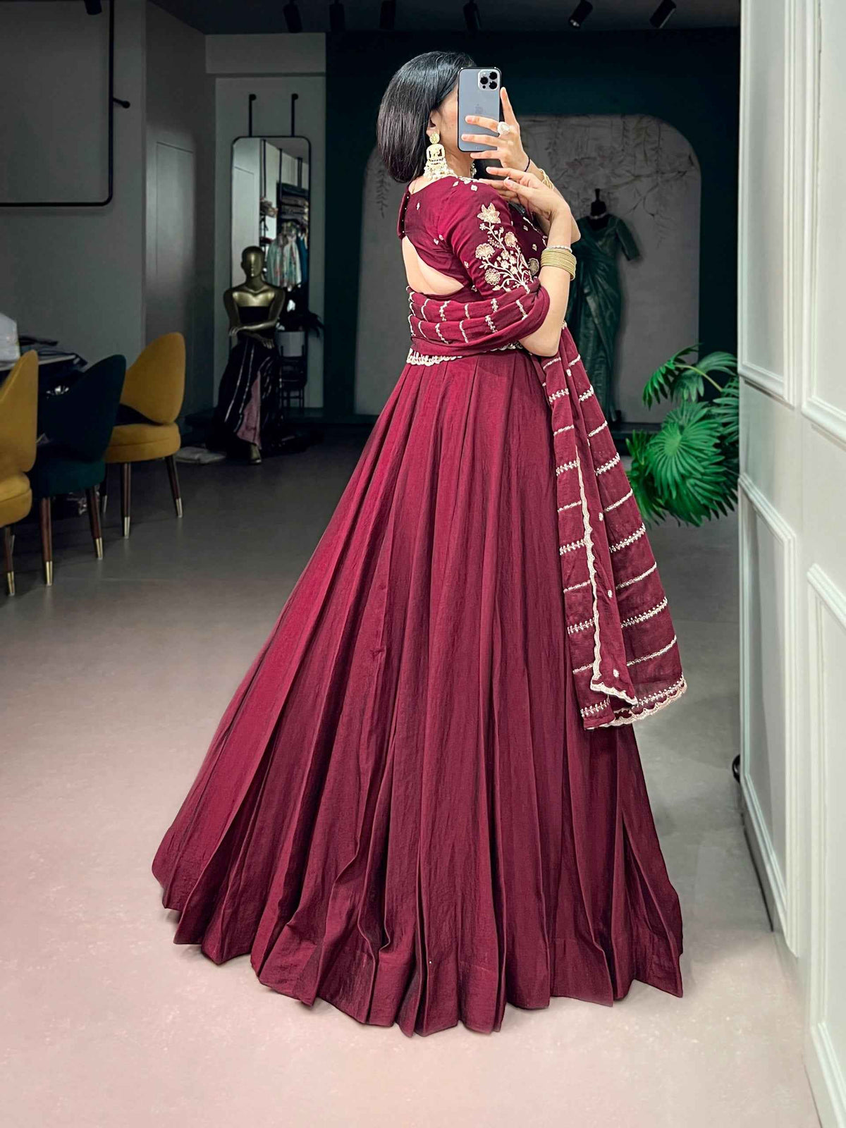 Maroon Pure Rangoli Crush Silk Heavy Embroidery South Indian Lehenga Choli