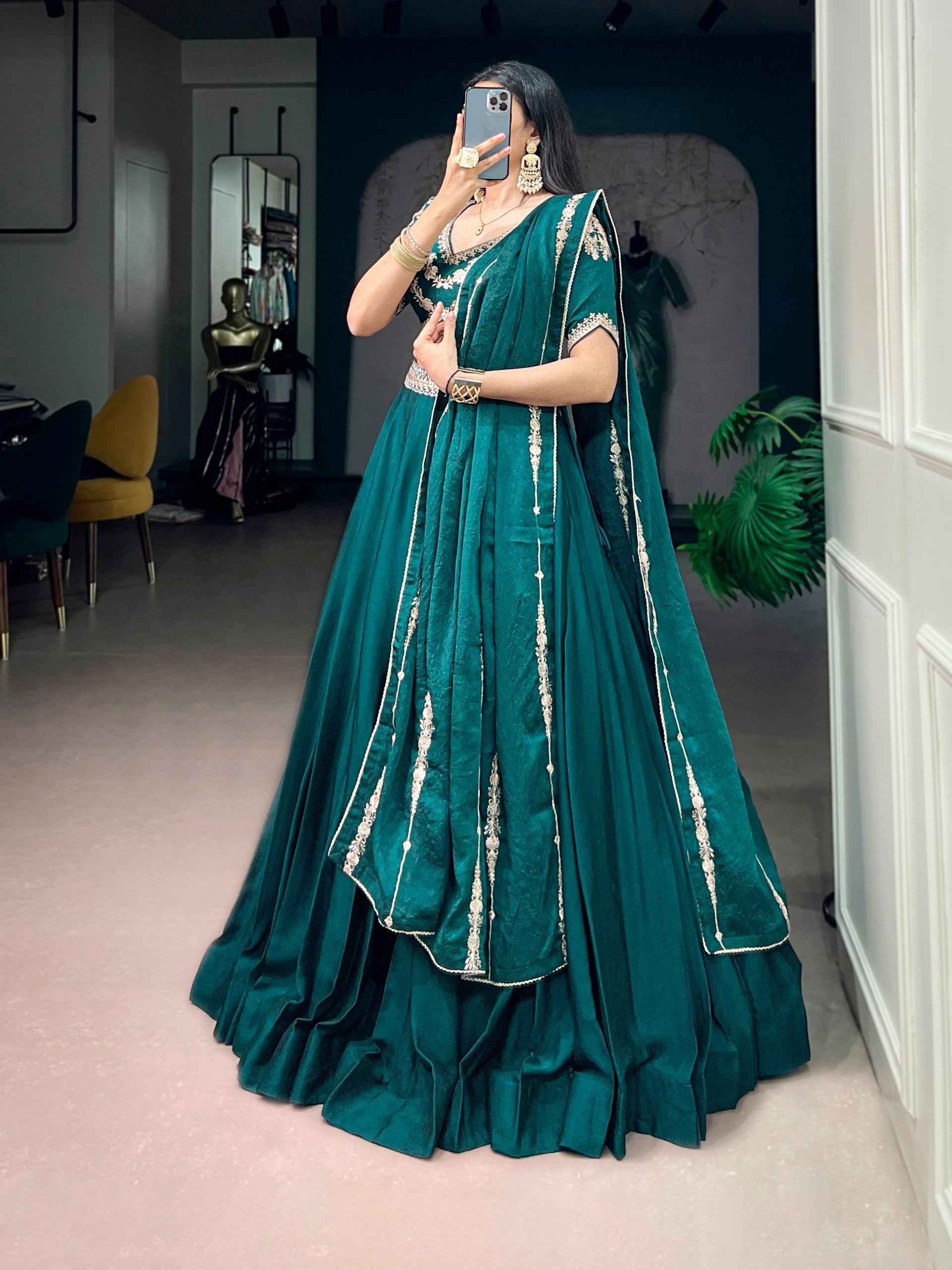 Pistal Green Pure Rangoli Crush Silk Heavy Embroidery South Indian Lehenga Choli