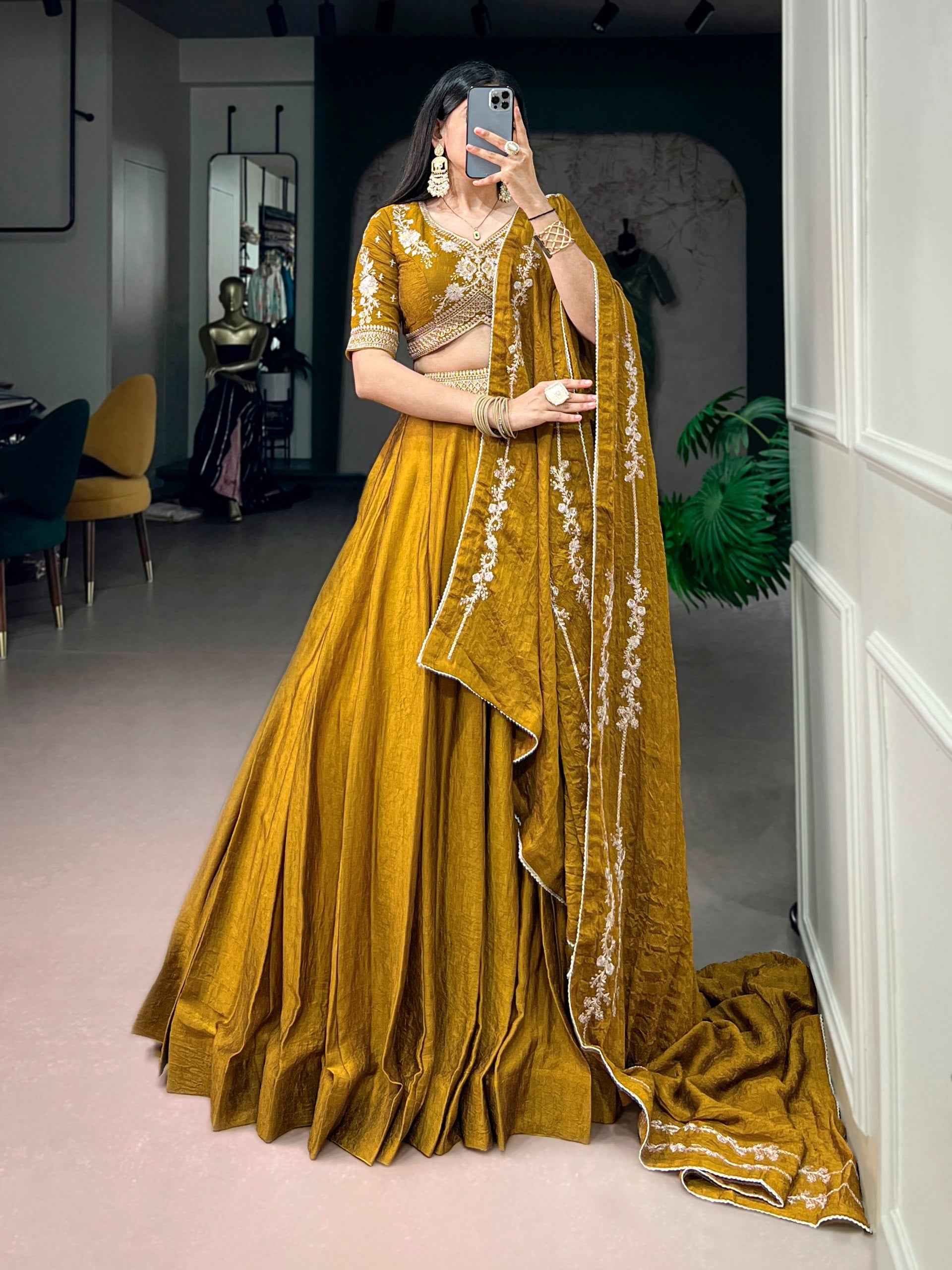 Mustard Pure Rangoli Crush Silk Heavy Embroidery South Indian Lehenga Choli